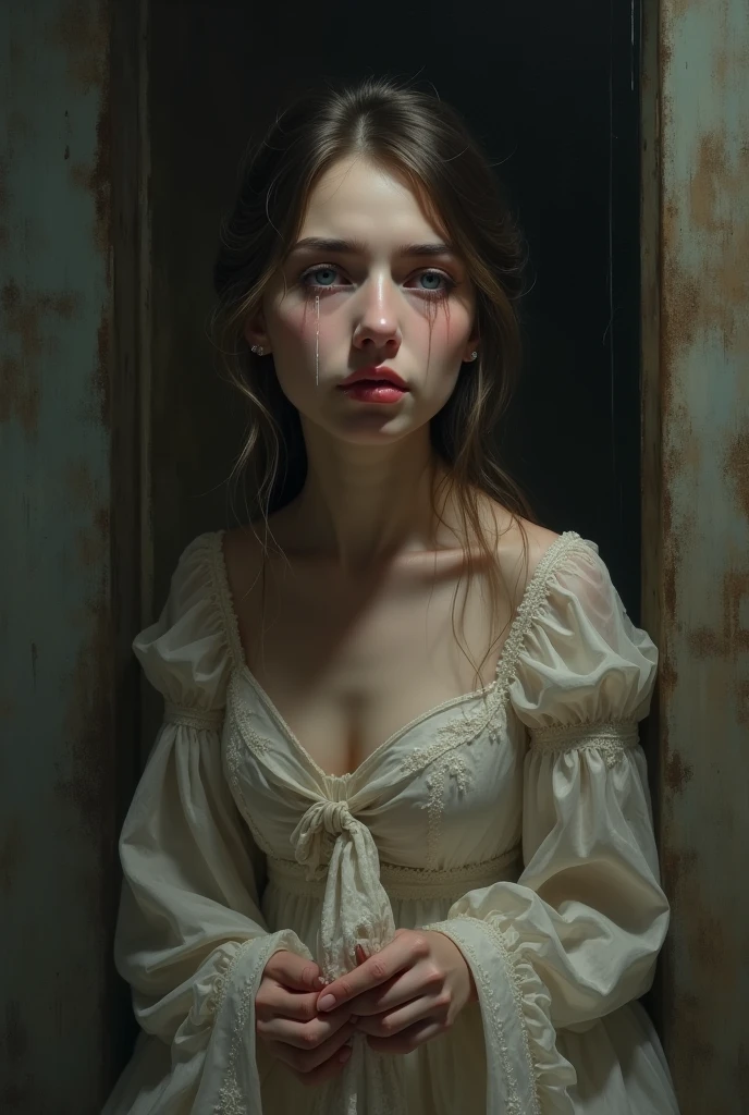 1woman, age 35, Solo, Dead, Realistic, Caucasian, Long hair, Pale skin, Slightly disheveled, Makeup-free, Dark circles under eyes, High cheekbones, Thin lips, Dressed in a tattered evening gown, Feet bare, Detailed bruises and cuts, Realistic bloodstains, Empty stare, Tear-streaked face, Sharp focus, Hyper-realistic, High-resolution, Cinematic lighting, 8K UHD, Moody atmosphere, Striking realism, Bearing the weight of tragedy.