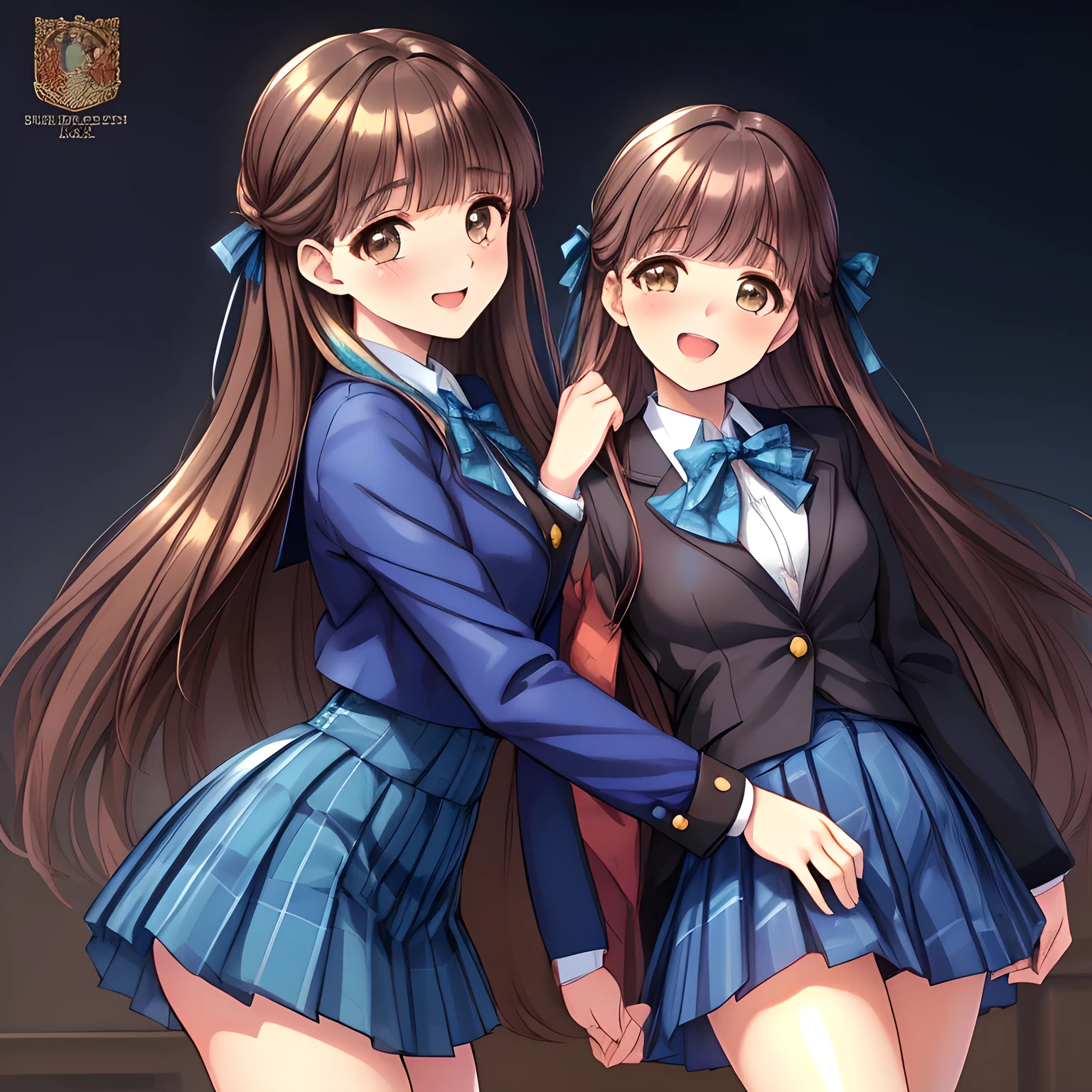 (highest quality, masterpiece:1.2), highest quality, High resolution, 1080p, 8K, Height: 170cm, (Noble lady, noble high-quality colorful cover of lady's comic by most popular manga artist, amazingly neat & clean, in peace and neat lovely strong charm: 1.8), (Too cute lady like a love-story comic heroine), (tilt the head cutely), (laugh in bliss), (Whispering the viewer's subliminal desire secretly to hypnotize the viewer), A very lovely, very noble, pretty and pure beautiful ladies. ((Bursting out Laughing very elegantly)), Using expensive whitening cosmetics by cosmetics artist: 1.2), A face that everyone loves, Glossy lips, Even bangs, (Too beautiful blue fascinating shiny (brown eyes) with love to the viewer, with detailed clearly (like girlish comics beautiful lovely heroine): 1.5), ((Black long Hair)), ((long amazingly beautiful straight wavy long hair: 1.5)), (Neat uniform, (((Dark blue winter long sleeve blazer with noble emblem)) over neat expensive (white silk blouse), (A long, neat, dark (navy blue) (tartan-checkered pleated blue skirt)), (too pretty shiny yellow school ribbon): 1.5), (Extremely lustrous, shiny game heroine lips, laughing open mouth: 0.8), (Ribbon in (black hair), The ribbon is big and very pretty, Beautiful black hair like a hair model), (Tight waist, slender like a beautiful fashion model, all the high-school student ladies admire their style: 1.5), (The background is plain black space to emphasize their fascination: 1.2), (The lady knows well about the viewer's super fetishism for school uniforms, and satisfies it completely with her hands and skirts and (laughter giving extreme pleasure) deeply (in the viewer's clear lewd dream): 1.6), (beautiful neat pretty clear atmosphere which every high-school students admire and everyone can't stop being lustful: 1.5), (Take a shot from the side of them: 1.5)