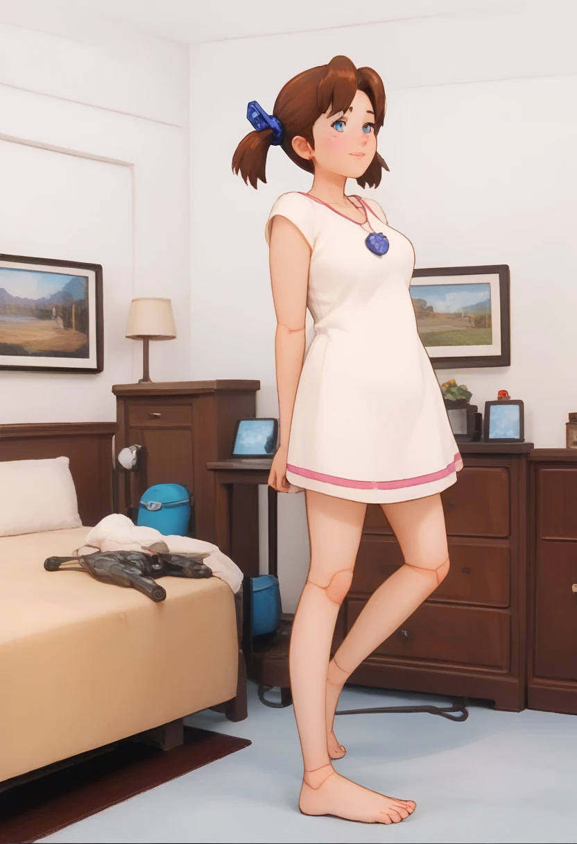 A Female robot is sleeping in the book, spread legs, nude, banzai pose. she wears no dress. She Brown short hair is tied with two big red clothespins, She lifts up the under hem of her white plain dress, leaning over, masterpiece, very short pigtails,brown hair, mature, android, blue eyes, full body figure, Height: 160cm, flushed cheeks, 2020s anime picture, A beautiful robot with short brown hair in two short pigtails held up by two very large huge red clothespins, Uplifting, No NSFW, whole body, barefoot, archaic smile, getting orgasm, 25 years old, sweat bucket.