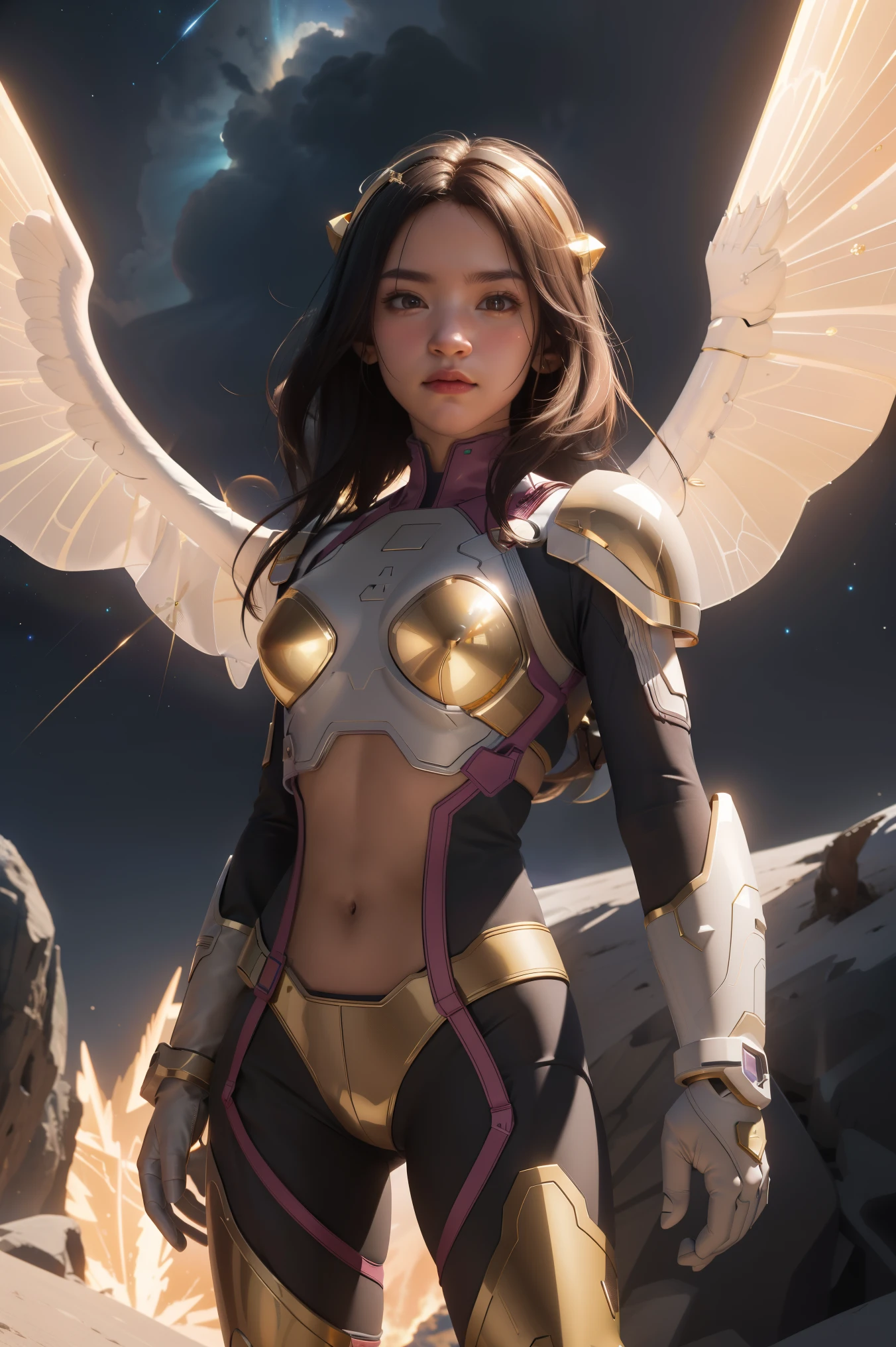 ((masterpiece, best quality, extremely detailed), volumetric lighting, ambient occlusion, colorful, glowing), 1girl, solo, young girl, (dark hair), long hair, halo, aura, sacred, goddess, cleric suit, (white outfit with gold detailst:1.3), armor, outdoors, sunset, sky, clouds, space, (fantasy theme:1.2),ม 1girl, full body, Illustration, cinematic light, high resolution, best quality, ultra-detailed, masterpiece, power suit, powerranger, suit, spd,