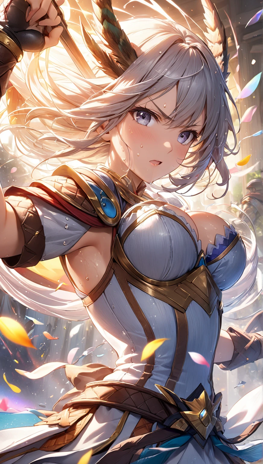 (Perfect Anatomy)、Mastepiece、Ultra High Quality、 8k、masterpiece、Highest quality、Ultra-high resolution、Maximum resolution、Very detailed、Professional Lighting、anime、woman、thin、so beautiful、Highly detailed eye、Highly detailed face、Blue and white armor, , Golden decorated luxury tiara，Golden earrings，Frilly Armor，Light blue hair, blue eyes，White underwear、Gloss Lip、Pink Lips、grassland, full body, (((long sword))), (((shield))), goddess armor, high heels, floating hair, knight wizard, Swinging a sword
