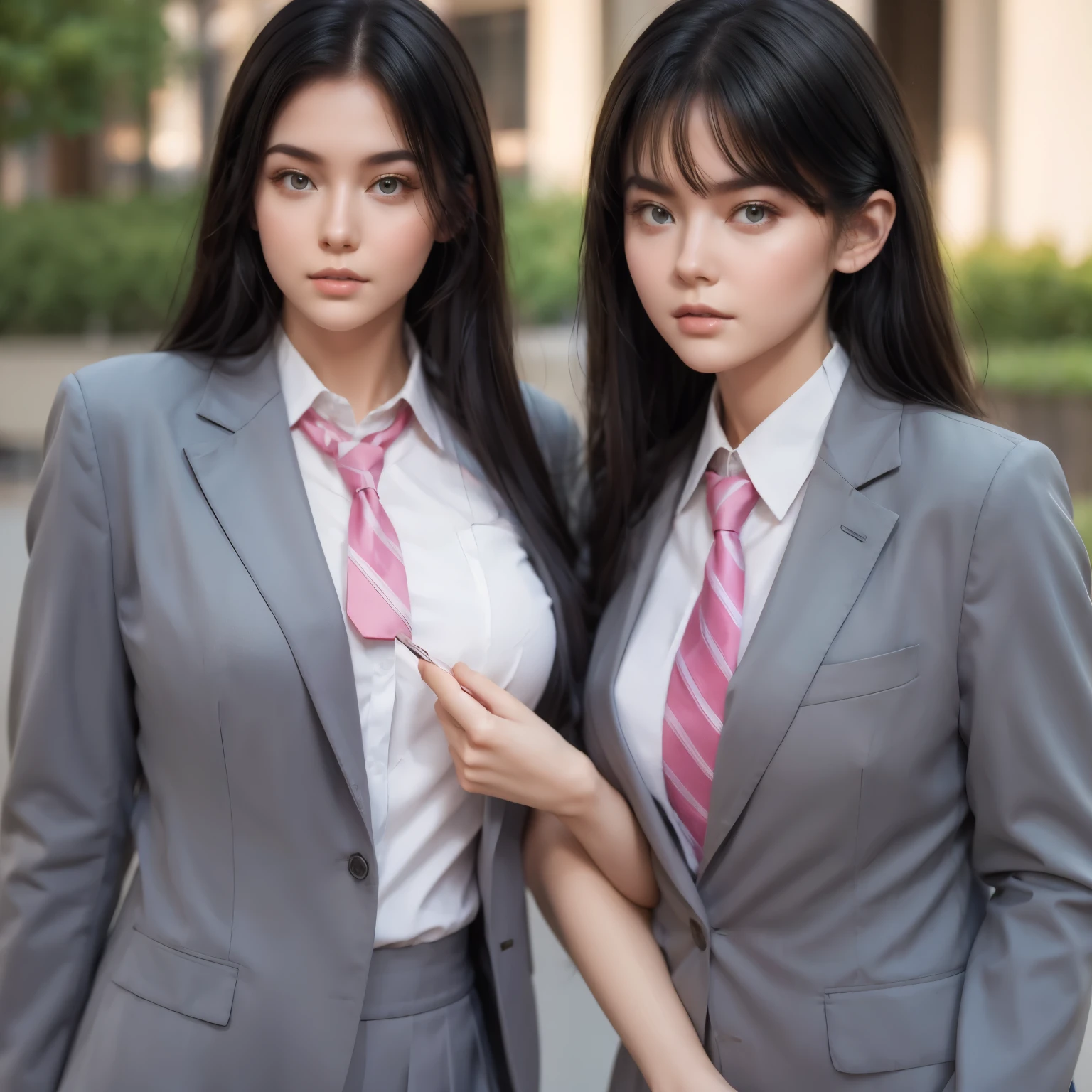 3 beauties，Delicate cheeks，White skin，Slightly protruding chest，Wearing school uniform