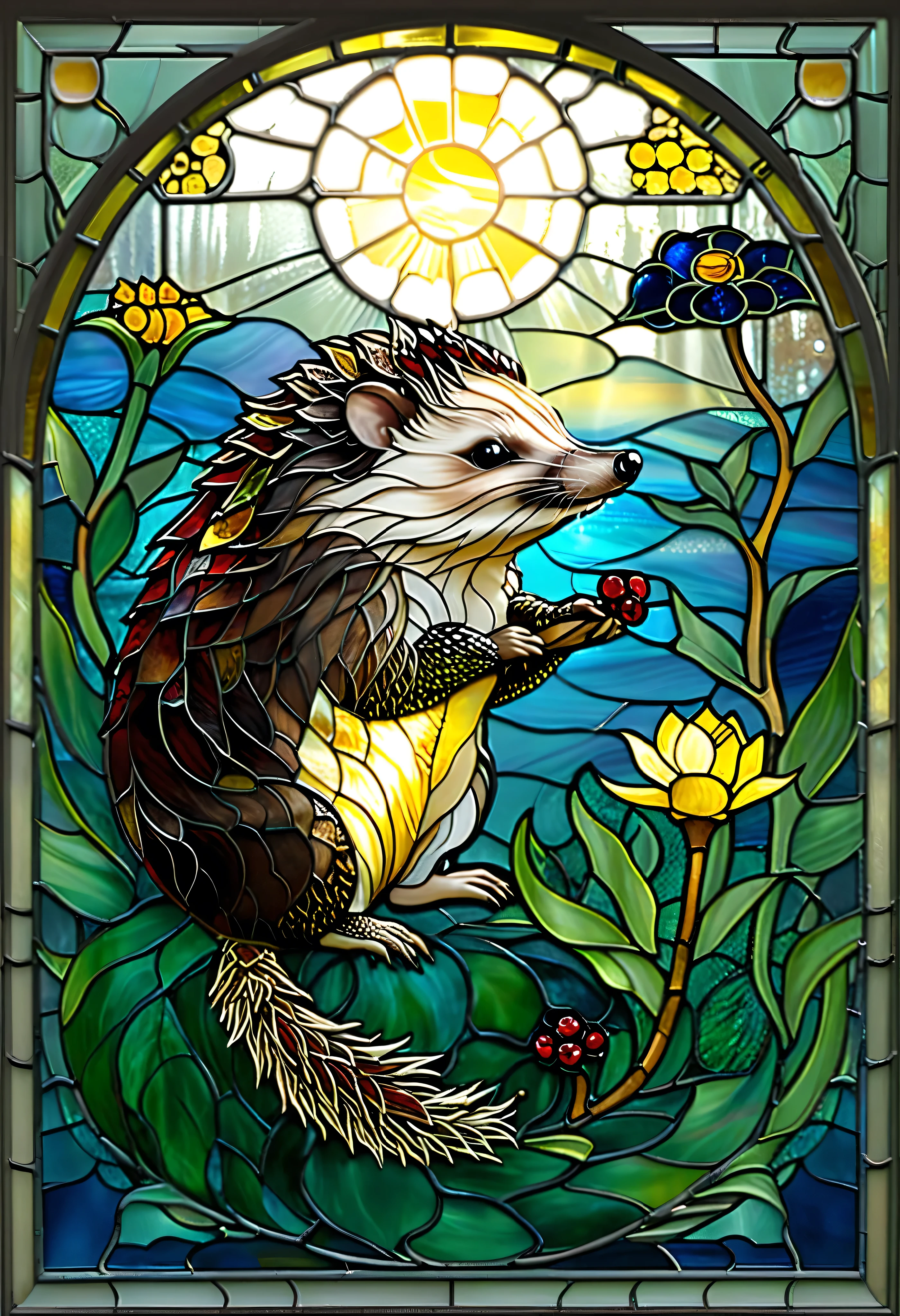 a painting of a hedge in a stained glass window, stained glass art, anthropomorphic Hedgehog, Hedgehog, intellectual Hedgehog, Hedgehog magus, golden twilight stained glass , maxim verehin stained glass , backlit stained glass , on a stained glass window, stained glass !!, stained glass , inspired by Louis Comfort Tiffany, Edward Sorrell, inspired by Louis Comfort Tiffany , stained glass , photo by Pixabay contest winners