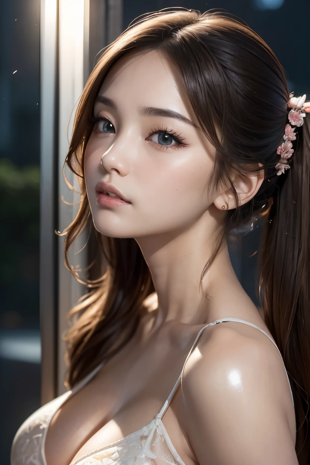 (( top quality)),(超 Hi-Res),(very well detailed ),( Detailed Explanation ),(( best CG )),( Masterpiece),very well detailed なアート、( top quality、8k、32K、 Masterpiece:1.2)、( by Nomi)、( by Nomi:1.2)、( Hi-Res)、very well detailed , ( close-up face :1.6), Very beautiful face eyes, big eyes, female 1 person、 pale skin on a street car:1.4, Shine, Transparent muscles:1.2、((Ultra- by Nomi Details))、 portraits、 all characters are super realistic.:1.6、 GLOBAL ILLUMINATION 、 octane rendering:1.2, The best beautiful girl ,very well detailed , Hi-ResのRAWカラー写真, Professional Photoshoot, by Nomi portrait, Cinematic Light , Small face、Pale Cheeks:1.1、(( With rom expressions:1.4 ))、(( beautiful eyes、 Light also comes into your eyes :1.4、Staring at my lover、Adorable eyes:1.2 )) 、(( shiny hair brown twin tails, 、 Texture、Full hair:1.1、Thick Hair:1.2 )), Natural Cosmetics、Beautiful big ,( Big Rich Breasts :1.2)、 charming beauty、 captivating sexy pose 、 thin waist、Delicate body、( top quality、 Attention to Details 、)、(Oil paints:1.2)、very well detailed 、( by Nomi、 by Nomi:1.37)、 bright color、( Deep Neckline Beautiful rom color damask dress:1.4), (front focus), (front focus), ( in the dark :1.6), Outdoors 、A spacious space with greenery flower beds々 space々::1.4、garden 、wind , From the side 、