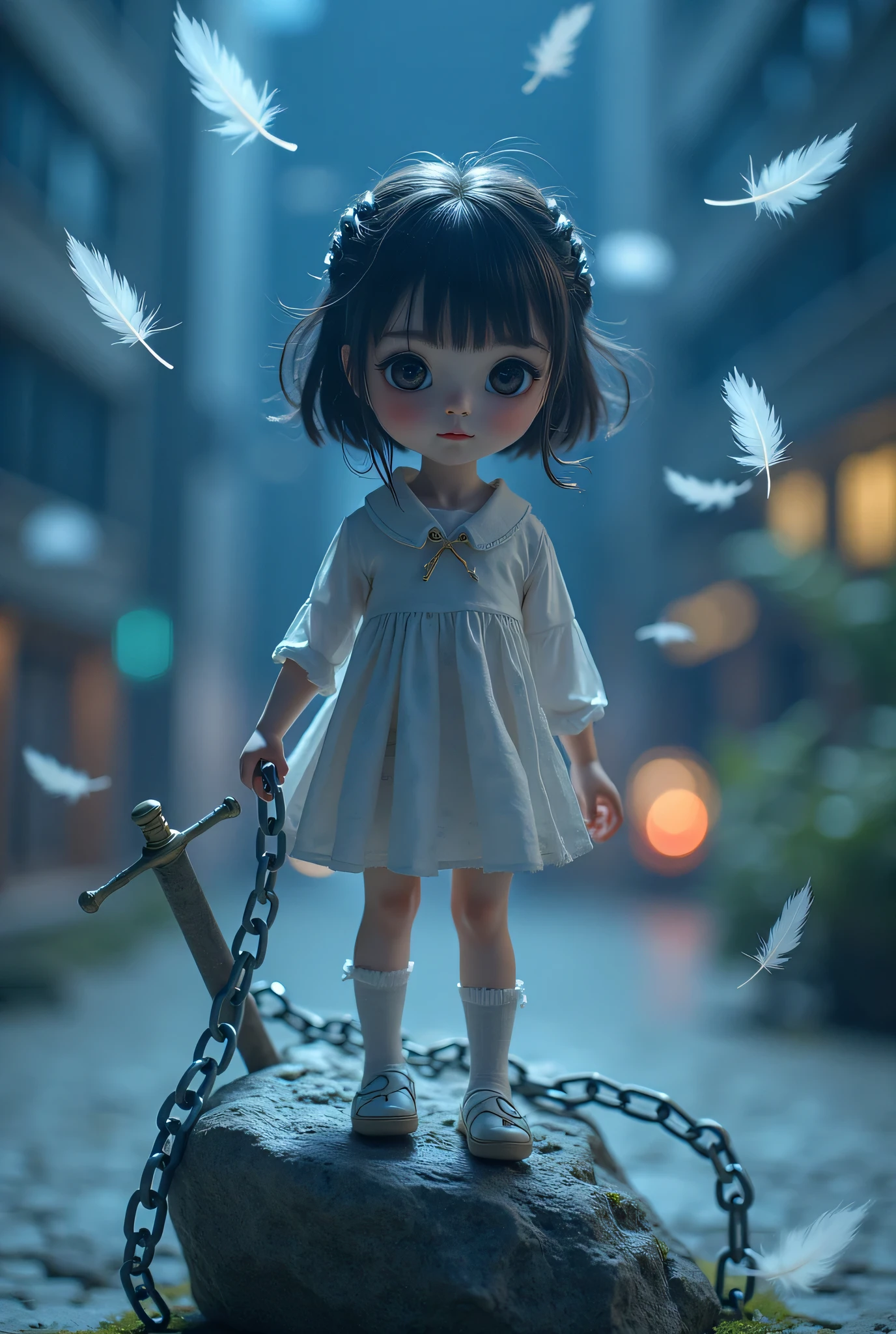 (8k,      Top Quality,   Masterpiece), (   exists , photo   exists : 1.37),   very well detailed ,      one girl  , {  }, Wide angle ,     Chest that Bounces Big Outside the University of Tokyo at Night     ,     Very delicate depiction     ,       Made with Miniature Paint       ,     short braided hair  ,    correct skeleton,      Intricate Patterned Chain  ,  Braided Chain   ,  long, big, Feathered Sword 、  dreamy  ,Super existent mixed fantasy world ,     combines exists elements and fantastic elements (  Whirlwind with feathers   :1)、  looking at the camera 、 Secure Your Body with a Chain to a Rock  