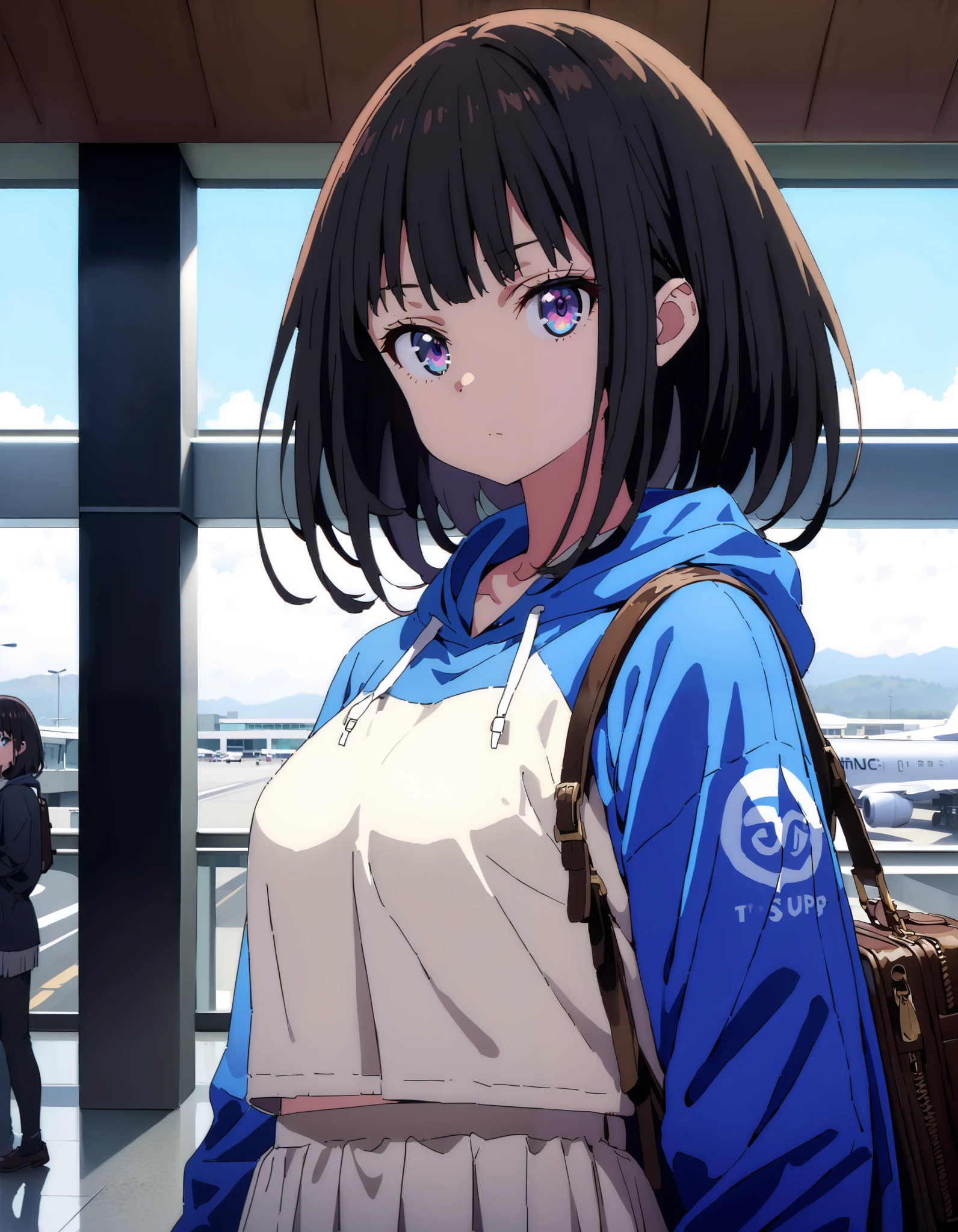  score_9,  score_8_ up the side,  score_7_ up the side,  source_Anime,
Takiuchikami,  check it out, long short hair , bob cut, bangs,   black hair,   purple eyes,Medium breast,Blue oversized hoodie , white long skirt, Bbo~, suitcases, standing,whole bodyがイラストに入る入るように,
break indoors,airport,lobby,
break looking at viewer,whole body,
break ( Masterpiece:1.2), top quality , kampala, Unity 8k Wallpaper,(shape:0.8),(  fine, beautiful eyes  :1.6),It's a person ,whole body写真,CG Details , ( perfect hands, Complete Anatomy),