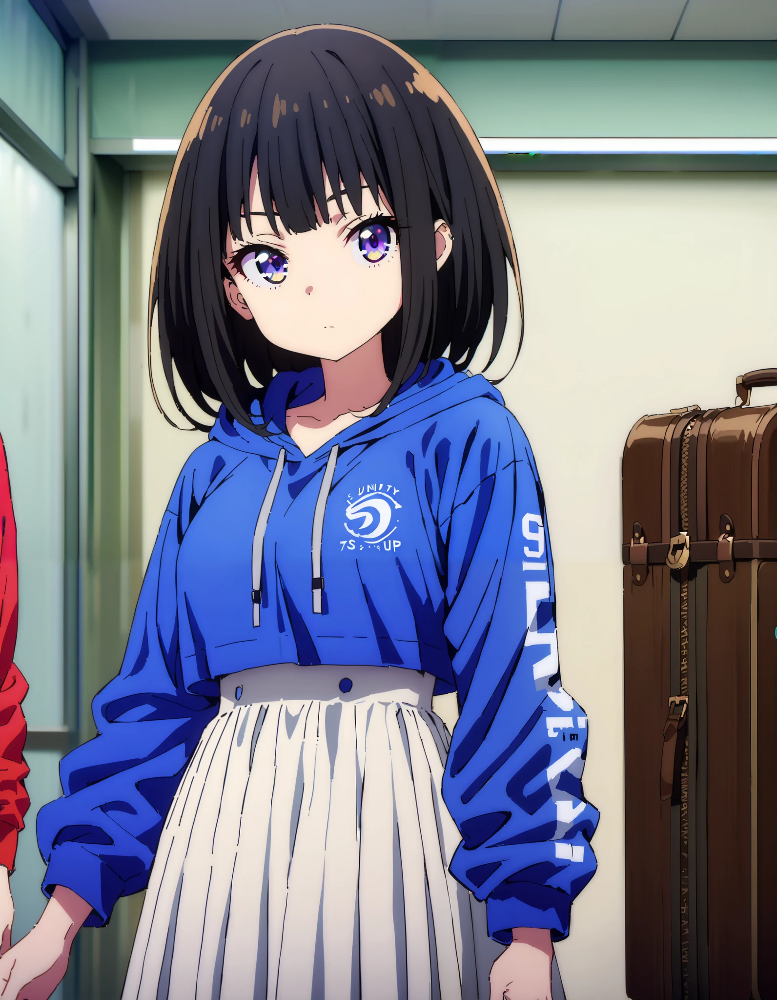  score_9,  score_8_ up the side,  score_7_ up the side,  source_Anime,
Takiuchikami,  check it out, long short hair , bob cut, bangs,   black hair,   purple eyes,Medium breast,Blue oversized hoodie , white long skirt, Bbo~, suitcases, standing,whole bodyがイラストに入る入るように,
break indoors,airport,lobby,
break looking at viewer,whole body,
break ( Masterpiece:1.2), top quality , kampala, Unity 8k Wallpaper,(shape:0.8),(  fine, beautiful eyes  :1.6),It's a person ,whole body写真,CG Details , ( perfect hands, Complete Anatomy),