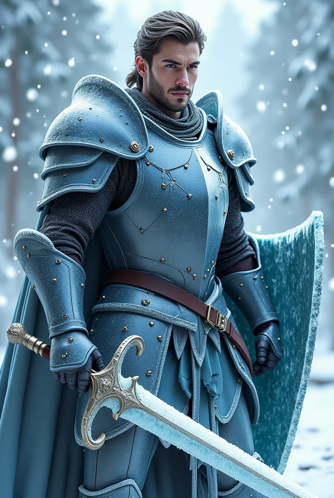 Handsome knight in armor with shield and sword wrapped in ice in combat ...