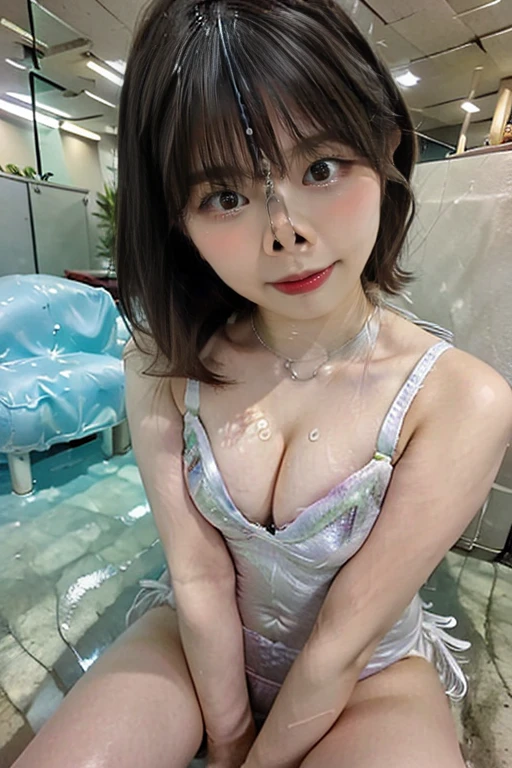 top quality, masterpiece, Ultra-high resolution, (Reality: 1.4), original photo, 1 girl, Light brown hair, Bob Hairstyle, Smooth skin, Wet, Dramatic Lighting, whole body,, blue, blue T 恤, small, 15 year old woman, masterpiece, Slouching posture