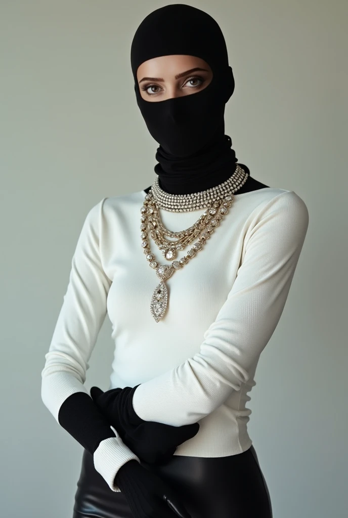 A thinest and beautiful asian muslimah woman wears white leopard print lycra turtleneck unitard catsuit covered with black patterns.She always wear white leopard print seamless lycra hijab