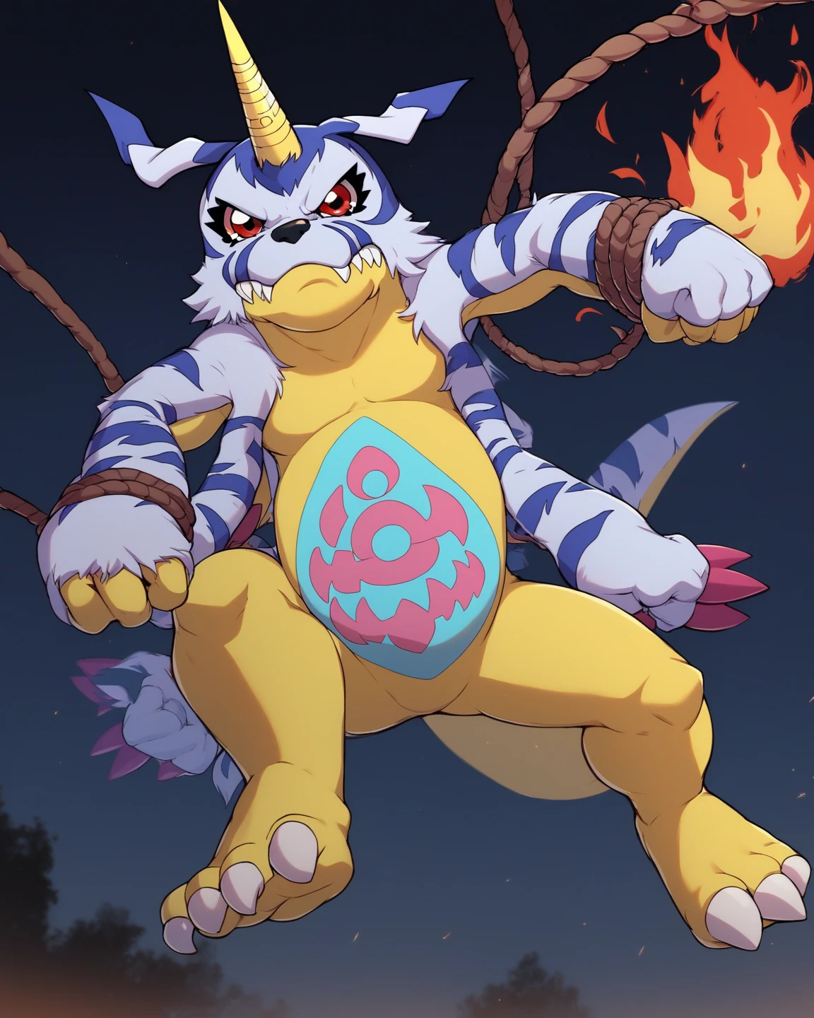 score_9, score_8_up, score_7_up, gabumon, digimon, single horn, claws, red eyes, sharp teeth, creature, monster, pudgy belly, blue and pink markings on belly, blue fur pelt, yellow body, three toes, outside, angry, brave, barefoot, Closed Mouth, Frown, Serious, Glaring, daring, swinging on rope vine, black sky, swinging, night, solo, heroic, nighttime, fiery glow, red flames at bottom, fire ashes, fire, ground out of shot, flying