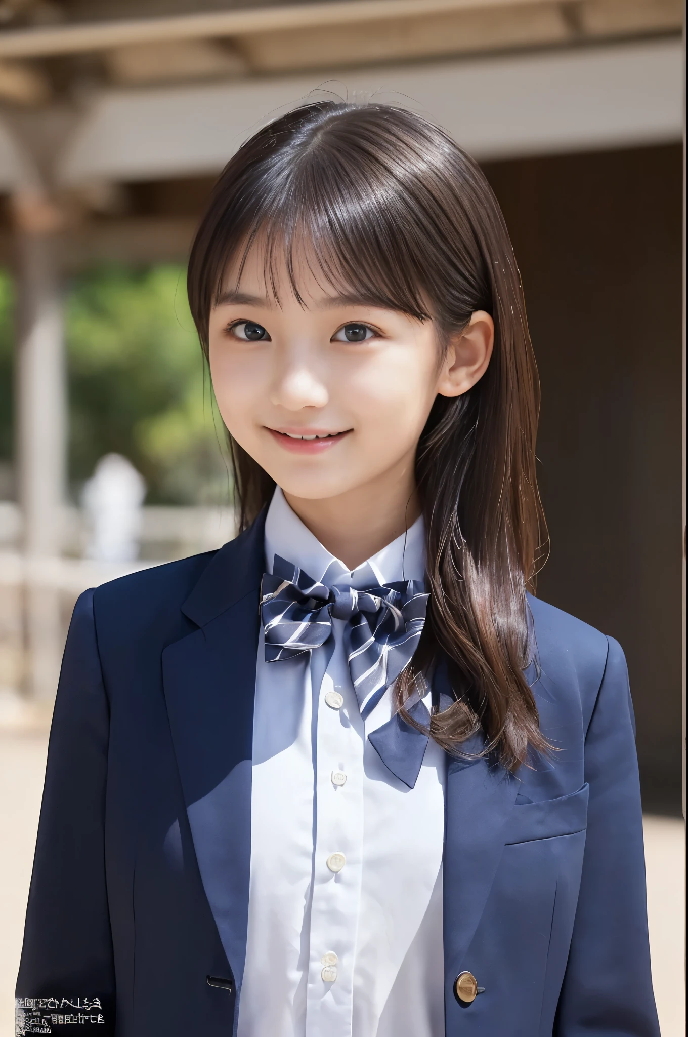 ( top quality, Masterpiece:1.2), top quality, is present, photos, high resolution, 1080P, 8k, physical rendering , ((: 158cm)), Japanese Girl、((((((A beautiful -yeld faon model from a Japanese fashion magazine is staring straight into the audience)))))), ((( x} beautiful dark brown eyes that are large and very detailed))), ((((Laugh at me!)))), Fine fingers , (((Short, curly bangs))), ((((Very noble and pretty eyes, meticulously drawn )))), (( double eyelids)), (((long eyelashes))), ((Cute adorable smiling cheeks)), ((Pure white light hits my nose and cheeks. Her eyes and white face shine beautifully white .)), ((((( Her facial features are very expressive and has a nice smile , so sweet, Very very clever))))), (((( impressive plain dark blue large student bow tie solid color )))), ((((black, very beautiful and very long hair )))), (red and navy plaid formal long pleated skirt), ((( a slightly larger dark blue solid blazer with a gold crest 、It has a gold crest))), (( graceful like a noble princess )), ((Sitting on a chair on the platform of a rural station)), ((Full body shot from the side))