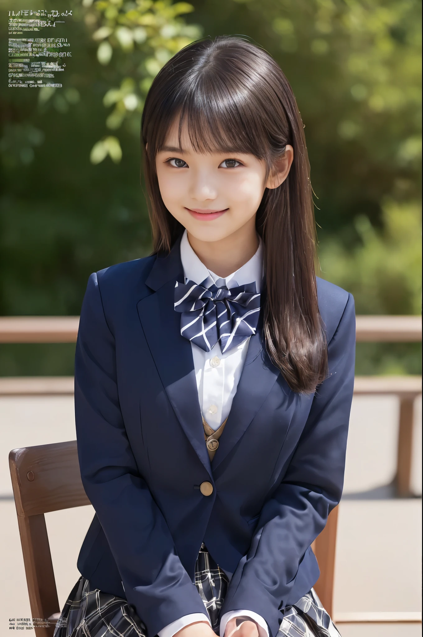 ( top quality, Masterpiece:1.2), top quality, is present, photos, high resolution, 1080P, 8k, physical rendering , ((: 158cm)), Japanese Girl、((((((A beautiful -yeld faon model from a Japanese fashion magazine is staring straight into the audience)))))), ((( x} beautiful dark brown eyes that are large and very detailed))), ((((Laugh at me!)))), Fine fingers , (((Short, curly bangs))), ((((Very noble and pretty eyes, meticulously drawn )))), (( double eyelids)), (((long eyelashes))), ((Cute adorable smiling cheeks)), ((Pure white light hits my nose and cheeks. Her eyes and white face shine beautifully white .)), ((((( Her facial features are very expressive and has a nice smile , so sweet, Very very clever))))), (((( impressive plain dark blue large student bow tie solid color )))), ((((black, very beautiful and very long hair )))), (red and navy plaid formal long pleated skirt), ((( a slightly larger dark blue solid blazer with a gold crest 、It has a gold crest))), (( graceful like a noble princess )), ((Sitting on a chair on the platform of a rural station)), ((Full body shot from the side))