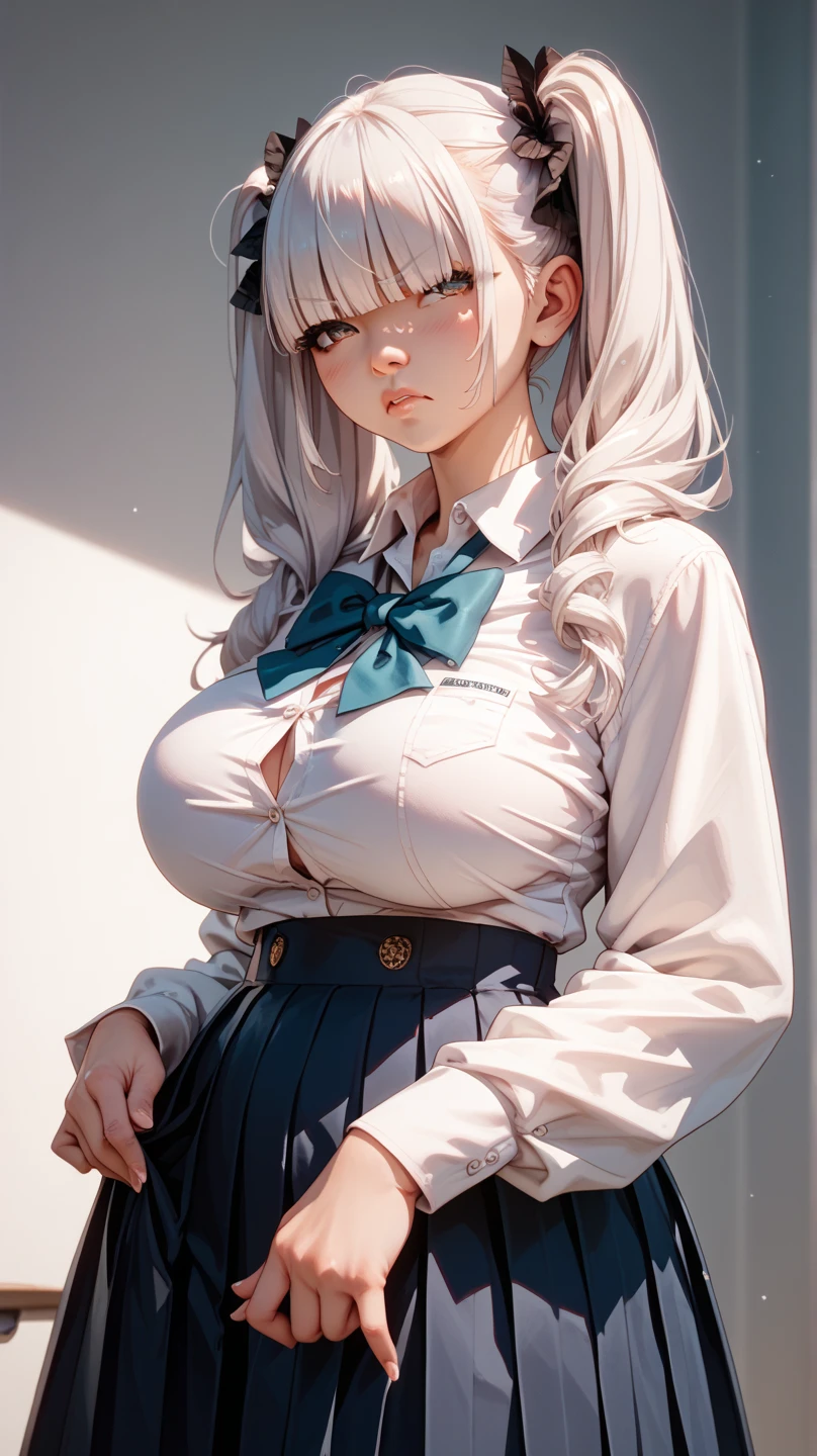 ((See-through),(Sailor collar uniform),shirt, Pleated skirt,(Black Pantyhose),[:(Detailed face:1.2):0.2], RAW Photos, (masterpiece), (Highest quality), High resolution, (Realistic, photo-Realistic:1.2), Super detailed, Physically Based Rendering, One person, Air Van, Long Hair, (Silver Hair), Wavy Hair,Large Breasts,(NSFW),Erect nipples
