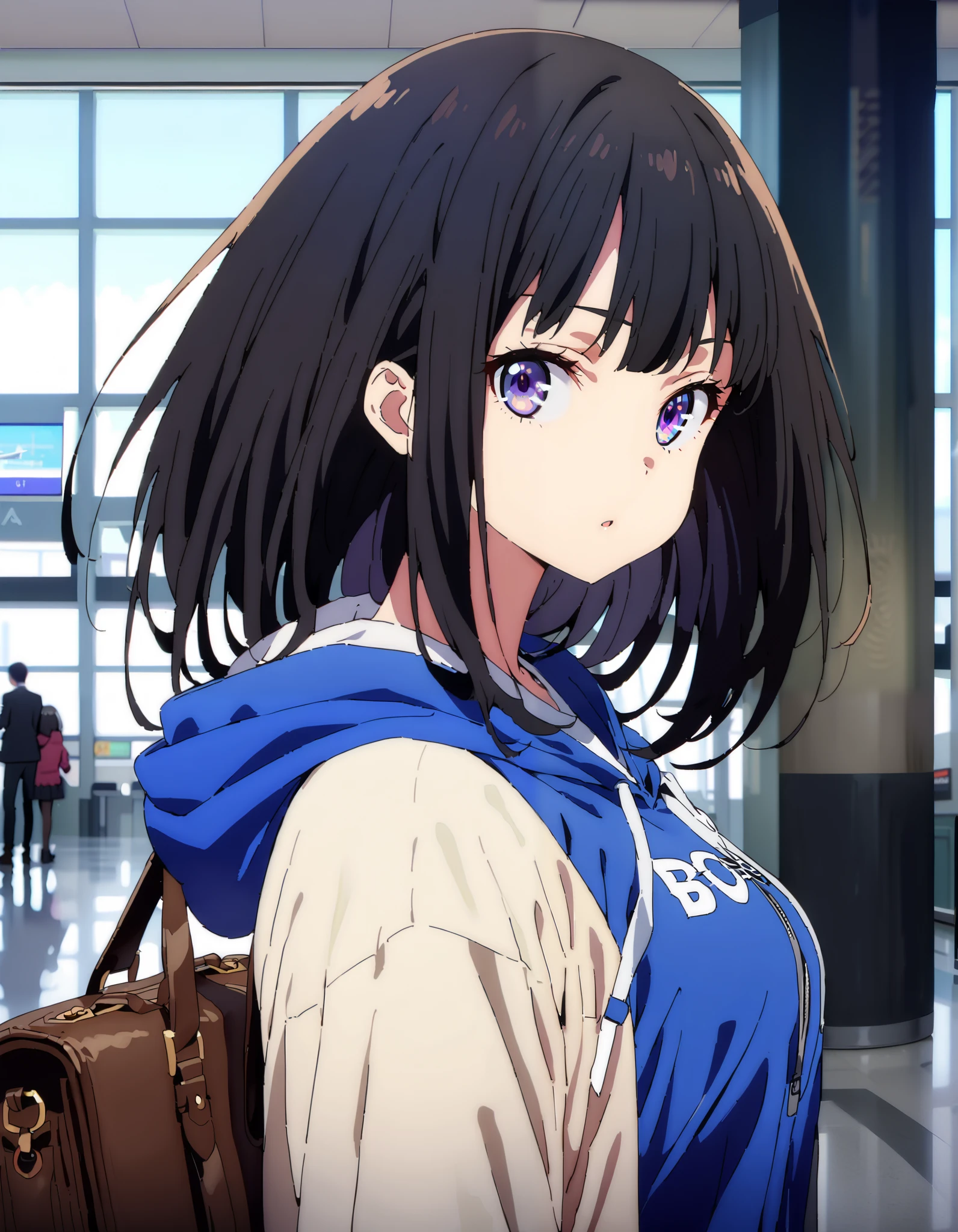 score_9, score_8_ up the side, score_7_ up the side, source_Anime,
Takiuchikami, check it out, long short hair , bob cut, bangs, black hair, purple eyes,Medium breast,Blue oversized hoodie , white long skirt, Bbo~, suitcases, standing,whole bodyがイラストに入る入るように,
break indoors,airport,lobby,
break looking at viewer,whole body,
break ( Masterpiece:1.2), top quality , kampala, Unity 8k Wallpaper,(shape:0.8),( fine, beautiful eyes :1.6),It's a person ,whole body写真,CG Details , ( perfect hands, Complete Anatomy),
