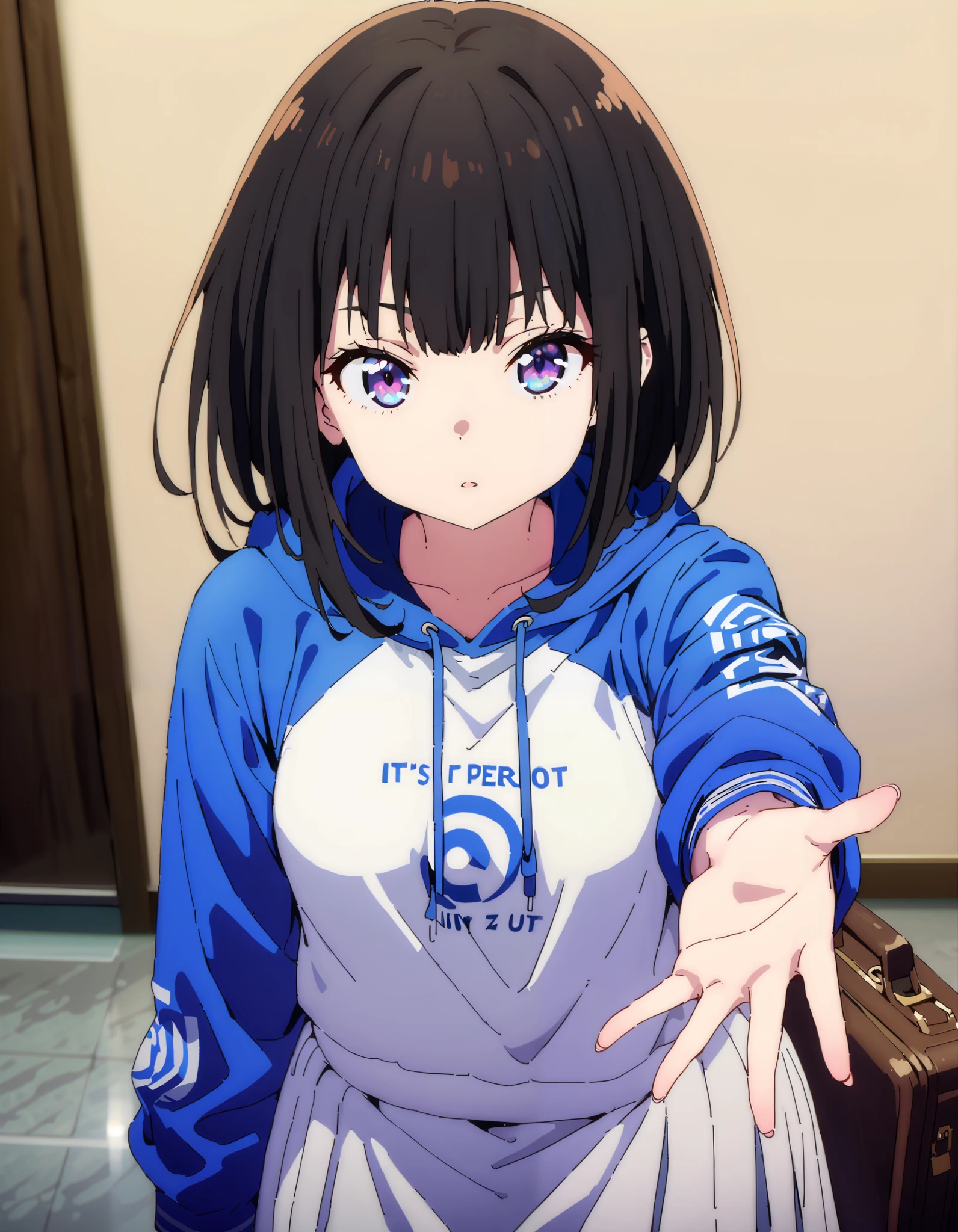 score_9, score_8_ up the side, score_7_ up the side, source_Anime,
Takiuchikami, check it out, long short hair , bob cut, bangs, black hair, purple eyes,Medium breast,Blue oversized hoodie , white long skirt, Bbo~, suitcases, standing,whole bodyがイラストに入る入るように,
break indoors,airport,lobby,
break looking at viewer,whole body,
break ( Masterpiece:1.2), top quality , kampala, Unity 8k Wallpaper,(shape:0.8),( fine, beautiful eyes :1.6),It's a person ,whole body写真,CG Details , ( perfect hands, Complete Anatomy),