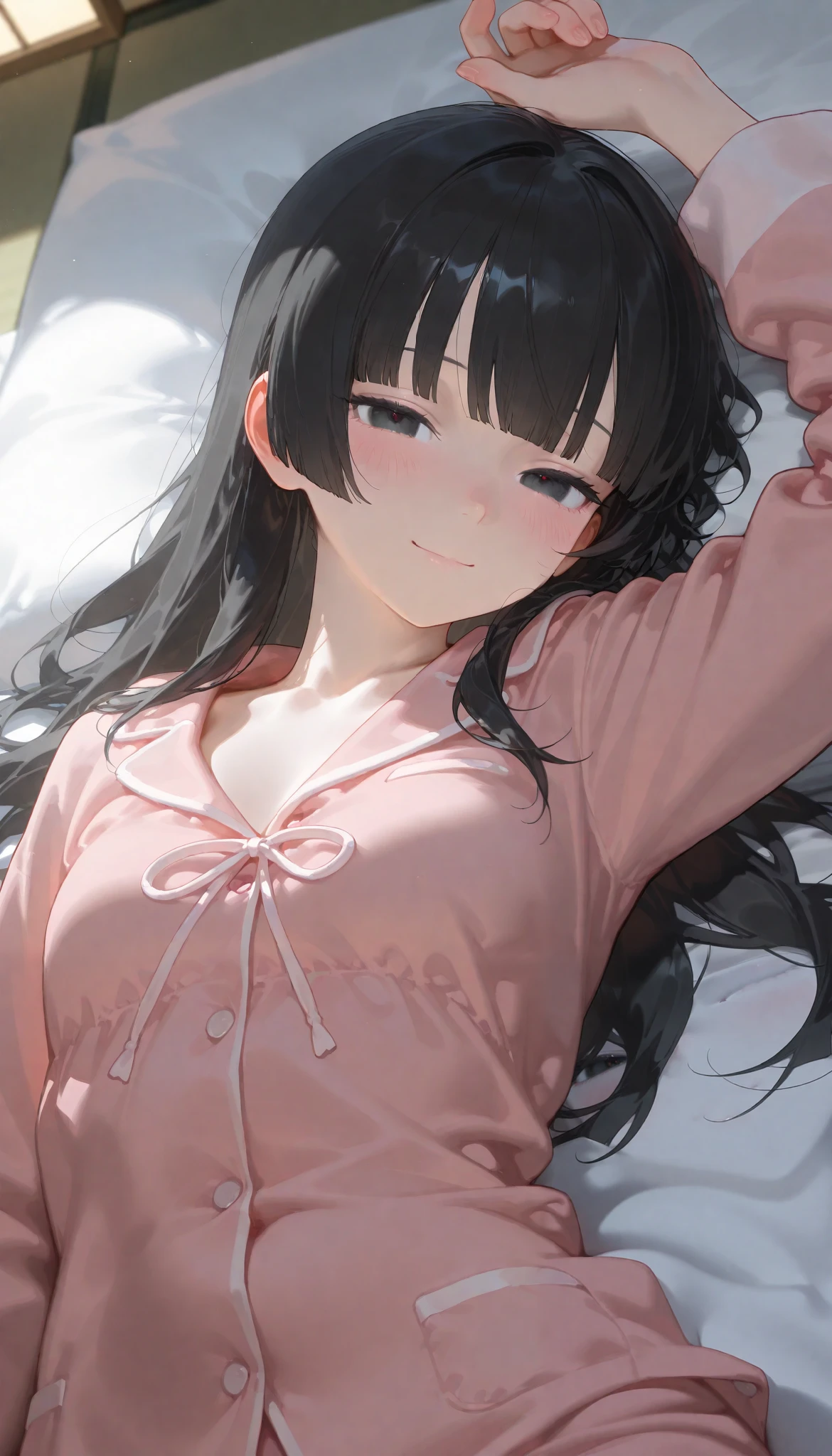 ( top quality), ( more), ( best picture ), (masterpiece), A beautiful mature woman with a feminine body , perfect body ratio, very small hair , very small face, perfect anatomy , Anatomically Accurate , Ideal Proportion Body Proportion, perfect body , perfect style, Perfect balance, Delicate Facial Features , beautiful detailed women , VERY DETAILED eyes and face , Clear Black Eyes , realistic beautiful face, realistic beautiful eyes, medium chest, slender, Pink-colored white skin , (black hair, hime cut, Medium-length Hair), blush, pink pajamas, upper body, I'm laying a winter futon on the floor of my room where the lights have been turned off, and I'm lying on it to cover the futon. night, Indoor, When eyes are half closed , lovely expression. light smile, The viewpoint is the viewer.