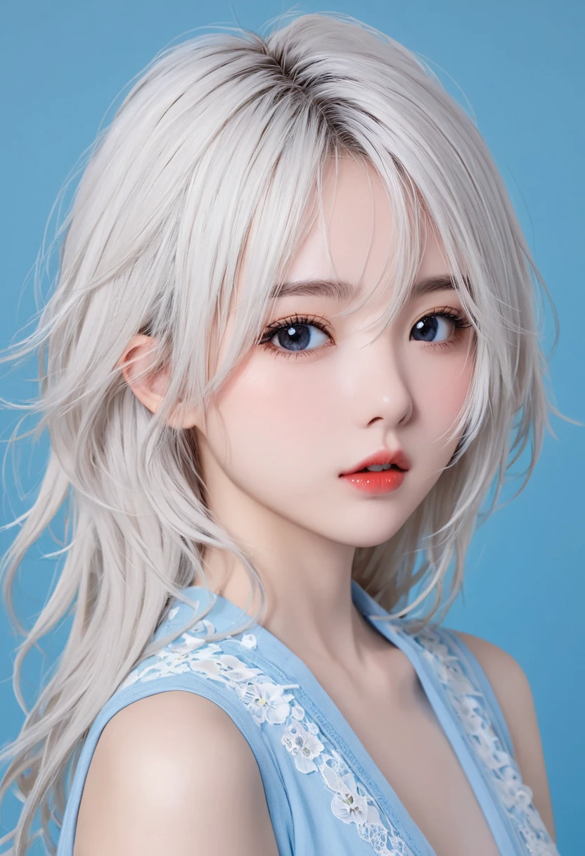 (thin eyebrows)、(((((closed mouth)))))、((Very strong sunlight))、((((beautiful silver hair))))、((small head))、(beautiful silver hair with short wavy:1.2)、full body shot、(((8K, Raw photo)))、 (((The face is the same as the cosplayer))),(Shot from above in high resolution 8K)、(very delicate and beautiful)、(masterpiece)、(highest quality:1.0)、(超A high resolution:1.0)、realistic shadow、[High resolution]、 fine skin、Super detailed、(beautiful hair)、Photoreal、lifelike face、big breasts thin waist、realistic eyes、small eyes、looking at camera、(((between the breasts)))、(eyeliner)、(mascara)、 lips with pink lips、((Looks very happy))、show your shoulders、Complex patterns and transparent materials、Artistic depiction of an attractive woman, Emphasizes an attractive silhouette。The scene was、、bask in the hot sun、Makes you feel the delicate beauty and charm of nature。(((intricate details))、advanced details、choker、NSFW,((highest quality、8K、masterpiece:1.3))、sharp focus:1.2、 (((Enamelled purple and silver corset)))、