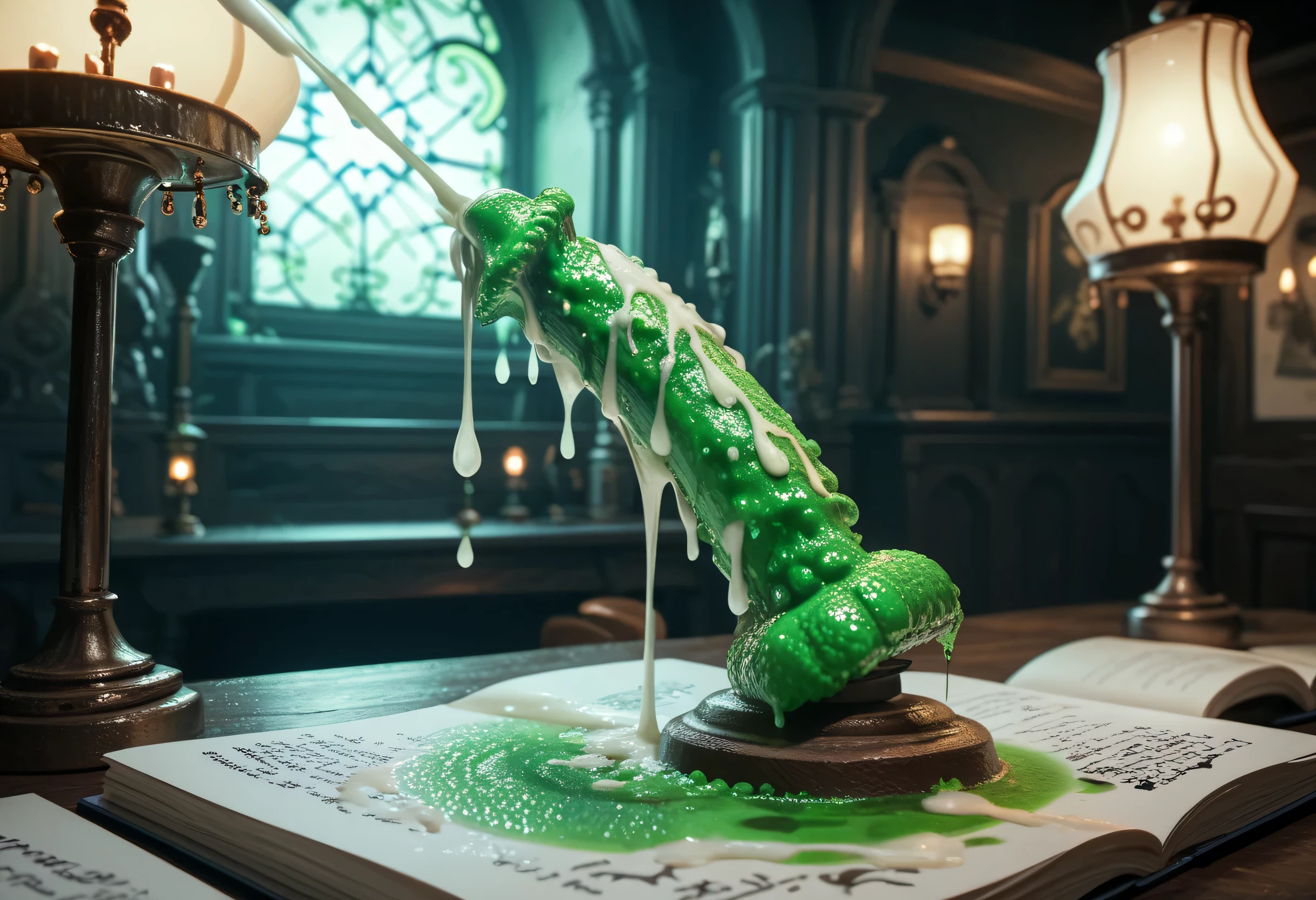 lot of gigantic green dildo in Haunted Mansion, glitter, dark shadows,  green and purple lamps, melting candle, cumshot, (((cum))), detailed, anime style, illustration, 2D, drawing, panicking,