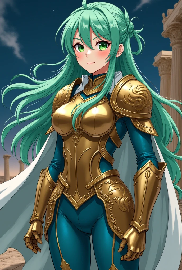top-quality、ultra-detailliert、Blue eyes、Colossal tits、Green haired、small corner2There are books、1 female、Ram、tiger pattern armor、(((High-leg armor)))、Clothes with Cleavage View、Long straight hairstyle、has a beautiful straight sword、in the background is a ruined temple、i'I'm a little worried、(((Forward View)))