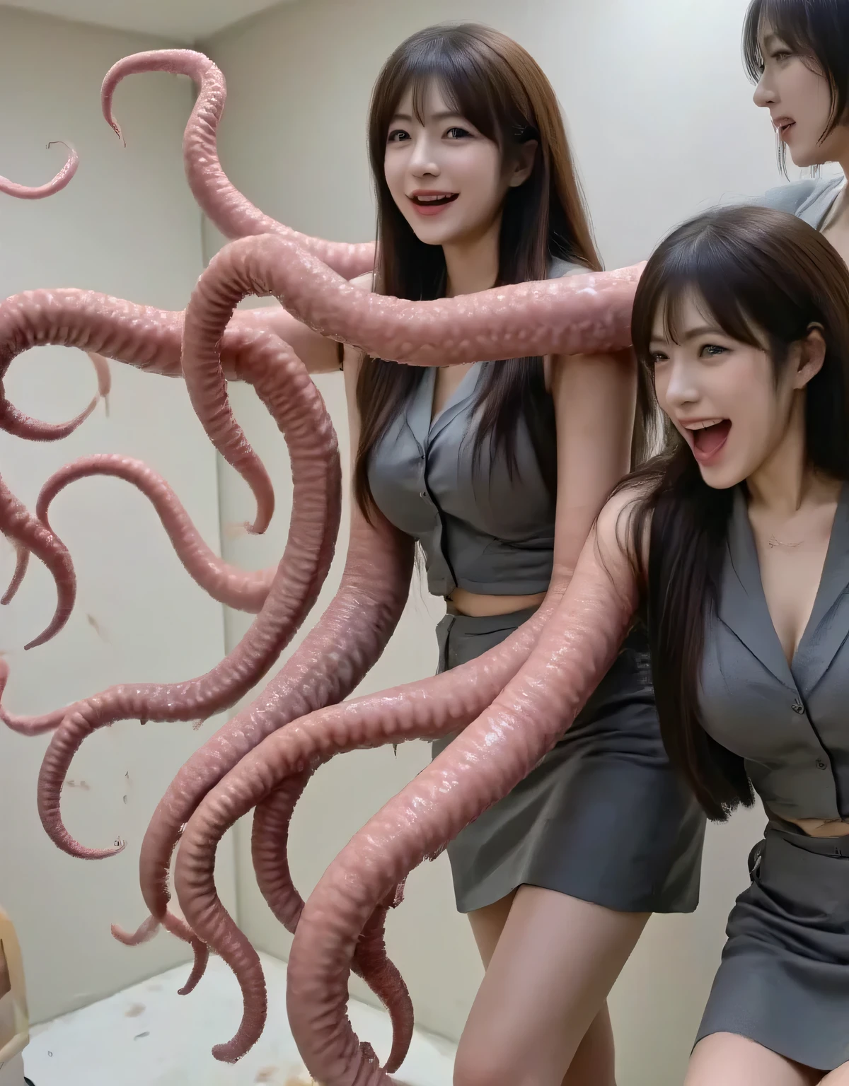 Top Quality、 Masterpiece、SF, surreal, Panic Movie、group、 Vivid pictures of people with tentacles, full body photo、( business suit ), Beautiful Women Who Changed Their Arms to Tentacles 、 big breasts, (( Layered Haircut )),(8k, Top Quality), taken from a distance , adorable by design, Devil's Smile , long brown hair, Masterpiece, Top Quality, ultra high resolution, black choker, blue eyes, bangs, long eyelashes, Beautiful Women and Tentacles Intertwine , (( open your mouth wide ))、(( very long tongue :2)), The tongue stretches like a tentacle :2, very long tongue , Resident Evil, office, Mucus, slimy, Crying Tentacles , Attacking Women with Tentacles 、 white room in the middle