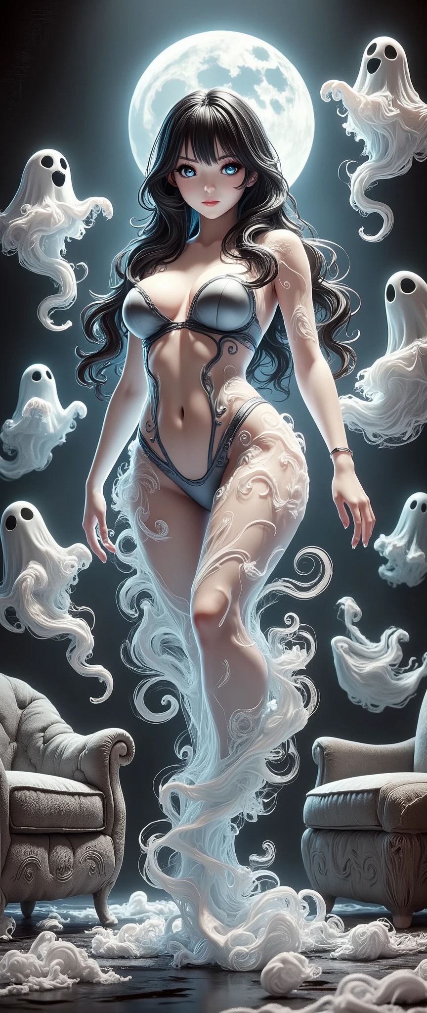 Beautiful Ghost Girl , ( Clear Skin Women :1.6, Beautiful Ghost Women , Transparent body, charming figure ), black hair, long hair, asymmetrical hair, beautiful eyes, beautiful lips, very detailed目と顔, long eyelashes, Beautiful Big Breasts , (( Lifeless Clear White Skin:1.6)), perfect face , transparent hands, Transparent legs, ( white dress), sexy, Levitation, resentful expression, (Hint of a Curse ), Glamorous Light , moonlight, Haunted House Interior with Dusty, Spiderweb-Covered Furnishings, Mysterious, Mysterious, Supernatural , dark fantasy, ( top quality:1.2, very detailed, high detailed CG illustration , Soft Focus , Masterpiece:1.2, Best Aesthetics),