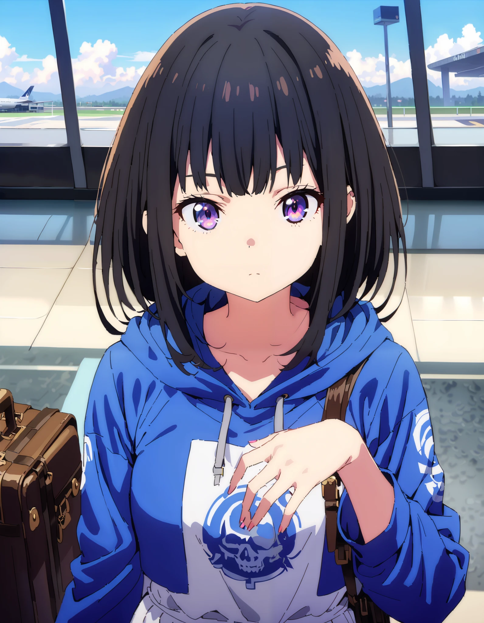  score_9,  score_8_ up the side,  score_7_ up the side,  source_Anime,
Takiuchikami,  check it out, long short hair , bob cut, bangs,   black hair,   purple eyes,Medium breast,Blue oversized hoodie , white long skirt, suitcases, standing,whole bodyがイラストに入る入るように,
break indoors,airport,lobby,
break looking at viewer,whole body,
break ( Masterpiece:1.2), top quality , kampala, Unity 8k Wallpaper,(shape:0.8),(  fine, beautiful eyes  :1.6),It's a person ,whole body写真,CG Details , ( perfect hands, Complete Anatomy),