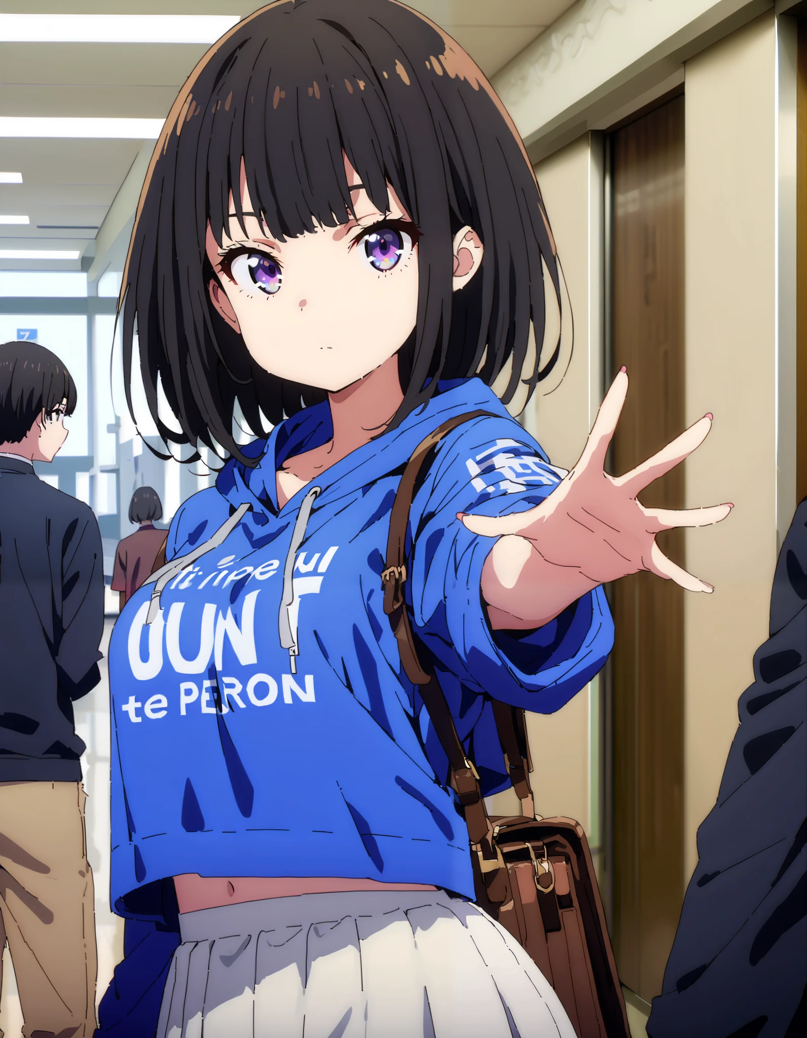 score_9, score_8_ up the side, score_7_ up the side, source_Anime,
Takiuchikami, check it out, long short hair , bob cut, bangs, black hair, purple eyes,Medium breast,Blue oversized hoodie , white long skirt, suitcases, standing,whole bodyがイラストに入る入るように,
break indoors,airport,lobby,
break looking at viewer,whole body,
break ( Masterpiece:1.2), top quality , kampala, Unity 8k Wallpaper,(shape:0.8),( fine, beautiful eyes :1.6),It's a person ,whole body写真,CG Details , ( perfect hands, Complete Anatomy),