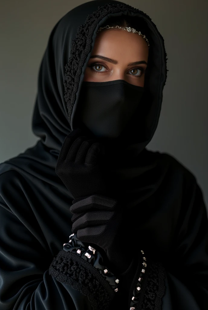 Young Kate Middleton in niqab, wearing a gothic lace black abaya, skullcap underneath, cotton mask on her face, very beautiful, fair