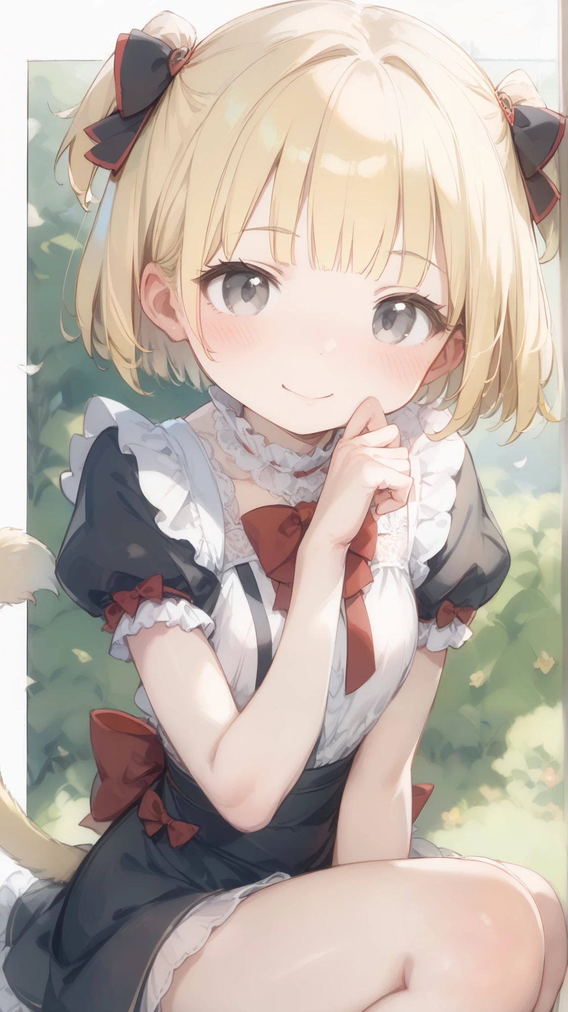 top quality、 Masterpiece、very well detailed 、 perfect anatomy, one girl、 cute face、 silky short blonde 、(((Short hair in twin tails、Short Bob Twin Tail)))、 gray eyes、From the knee up、 gothic fashion、very well detailed 目、 Small red cheeks and nose、 cute face、