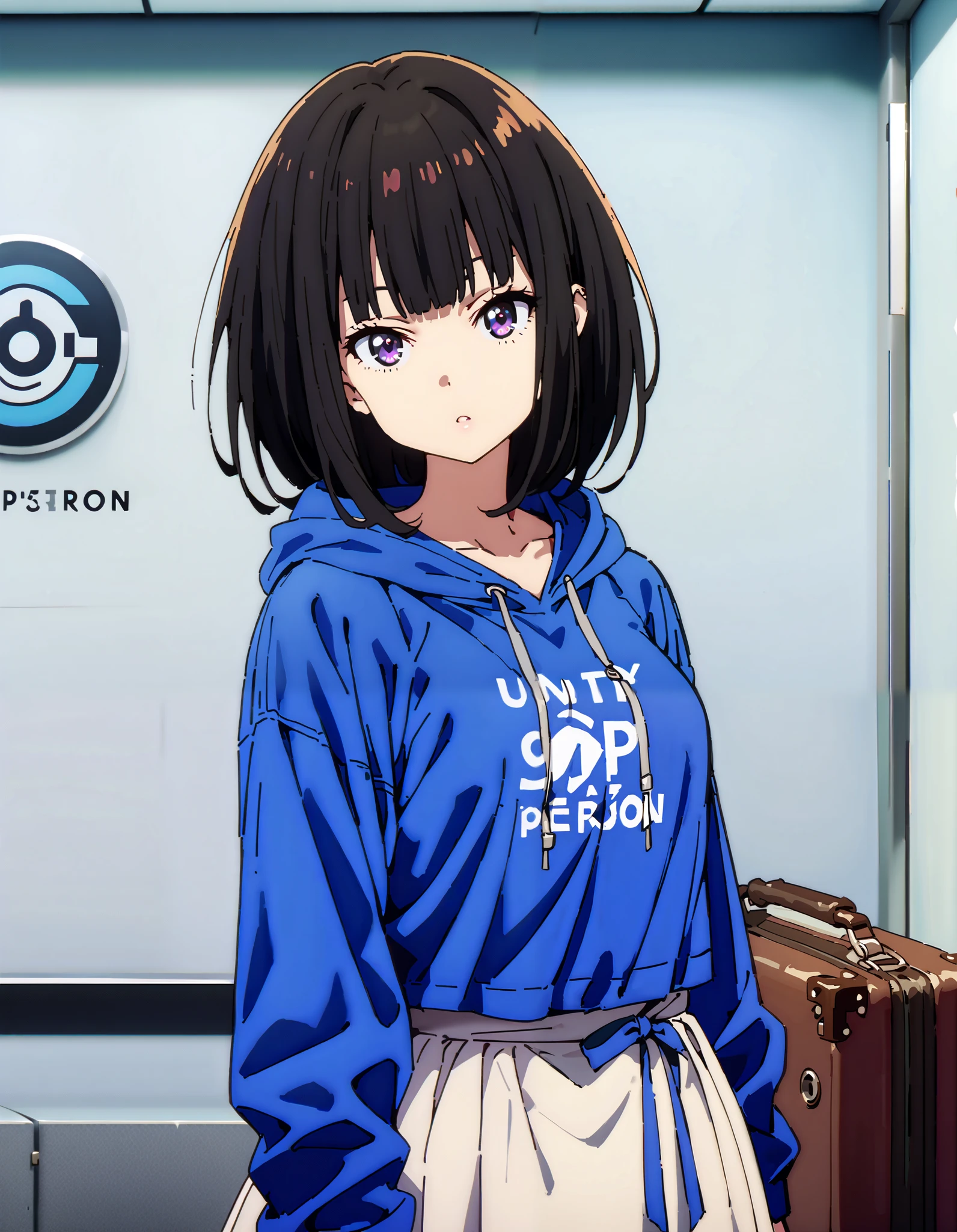 score_9, score_8_ up the side, score_7_ up the side, source_Anime,
Takiuchikami, check it out, long short hair , bob cut, bangs, black hair, purple eyes,Medium breast,Blue oversized hoodie , white long skirt, suitcases, standing,whole bodyがイラストに入る入るように,
break indoors,airport,lobby,
break looking at viewer,whole body,
break ( Masterpiece:1.2), top quality , kampala, Unity 8k Wallpaper,(shape:0.8),( fine, beautiful eyes :1.6),It's a person ,whole body写真,CG Details , ( perfect hands, Complete Anatomy),