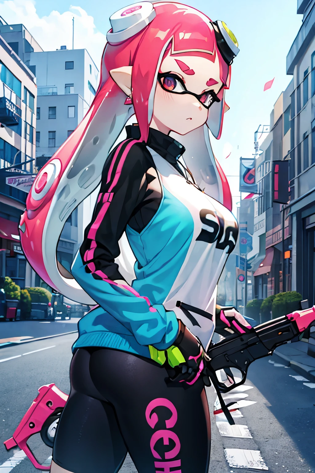 Splatoon, Squid Girl, Realistic, Best Quality, High Definition, Sexy, Rifle, Water Gun, Full Body, Tight Suit, Adult, Pink, Twin Tails, Laughing, Double Tooth