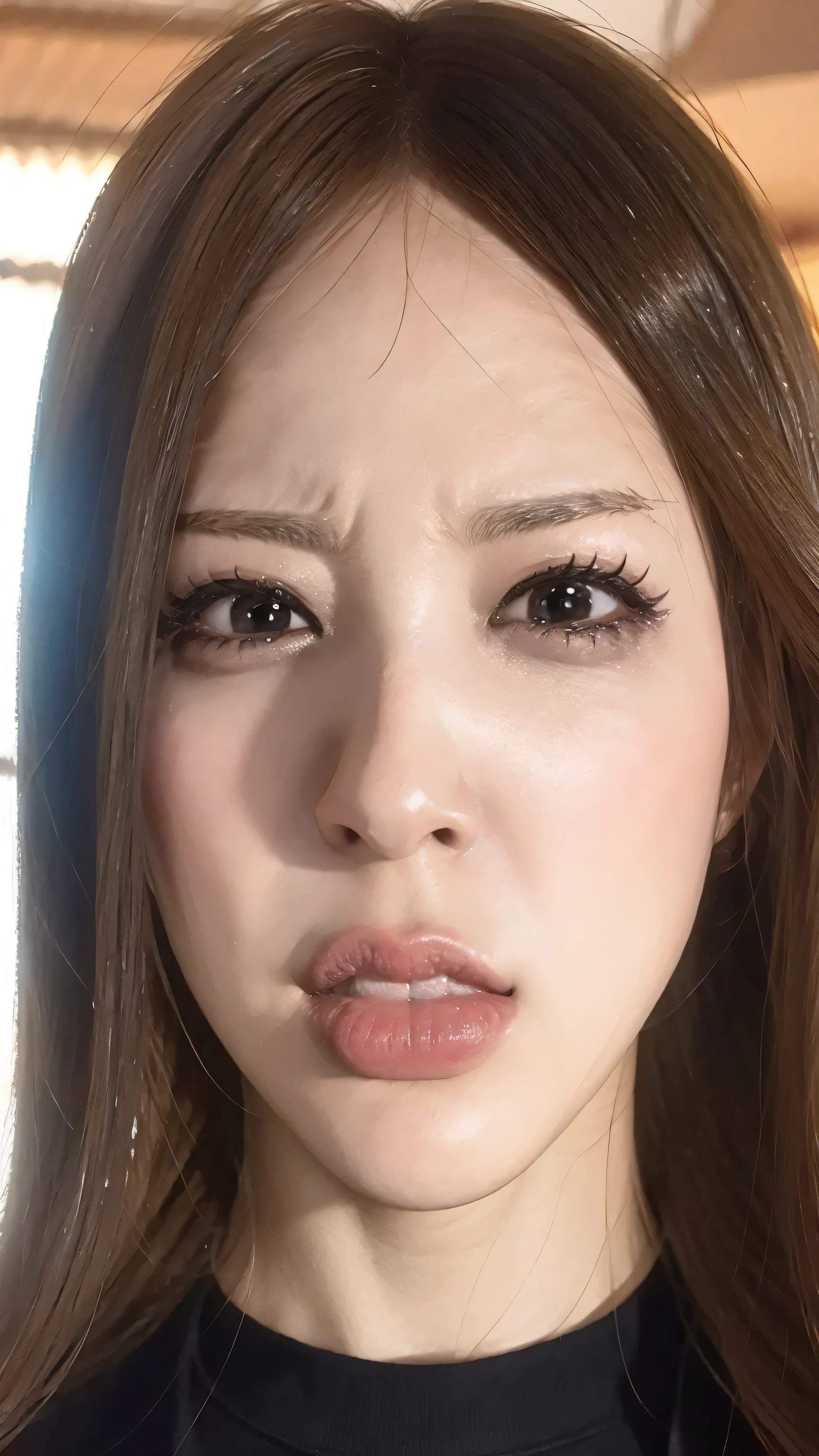 1 girl、debris flies、、award winning photos、very detailed、eye、nose、focus on the mouth、close up focus on face))、口を開けてeyeを閉じた女性、35 years old、black hair、しわeye:1.1、symmetrical face、リアルなnose孔、from belowのアングル、細長いC字型のnose孔NSFW、sweaty skin、Lighting that emphasizes the skin that shines with sweat、((鋭いnose))Skin shiny with sweat、shiny skin、sweaty hair、上eye使い、(wrinkles between eyebrows))(cum on tongue)Lighting that does not cast shadows on your face、from below、(female police officer、uniform、Inside the police station)long tongue、drooling.((drool dripping from the tongue、saliva drips from the tongue))、(((Drool bubbles remain on the tongue、)))(drooling:1.5)