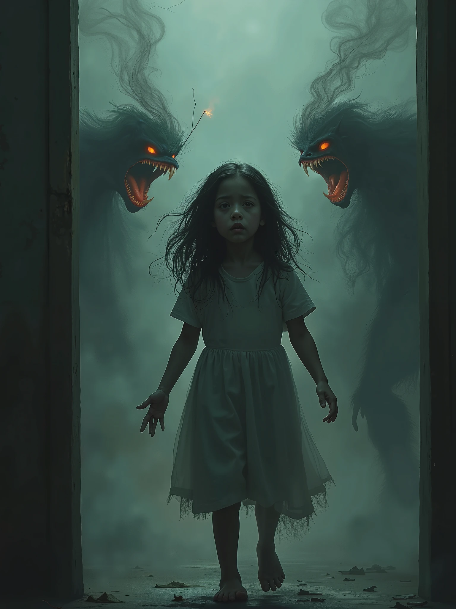 Create a cover for a book, that shows a dark room, and a girl surrounded by black shadows with glowing red eyes