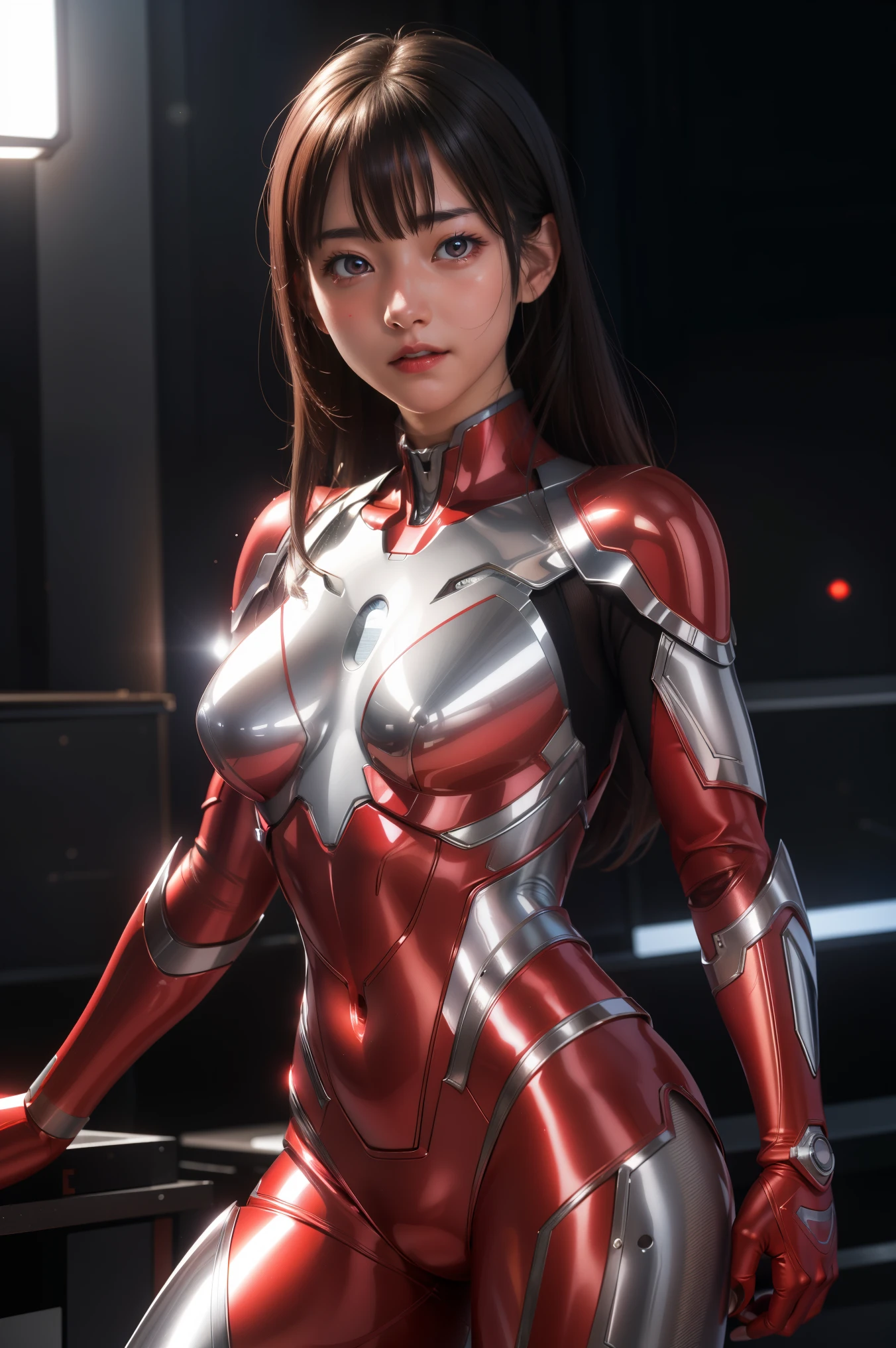 Ultraman、realistic、realistic、cinematic lighting, Girl in a shiny red and silver suit、15 years old、professional photos、Don'Do not expose your skin, japanese model, japanese cgi、Ultraman Suit、, Power Rangers Suit、tight and thin cyber suit,Whole body rubbery、There's pink There、 delicate body, big breasts、small ass、thin thighs、thin arms、thin waist、camel toe、Both sides of the cyber suit stick to the skin、Big eyes、black short hair、facing the front、facing the front立っている、A glowing sphere is embedded in the chest.、Essay Examination、 blue sky background