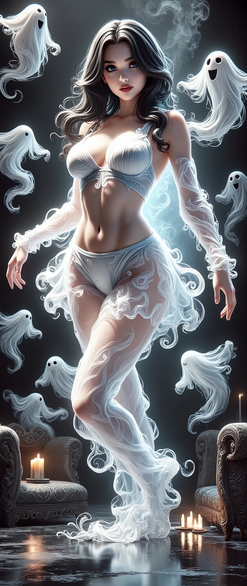 Beautiful Ghost Girl , ( Clear Skin Women :1.6, Beautiful Ghost Women , Transparent body, charming figure ), black hair, long hair, asymmetrical hair, beautiful eyes, beautiful lips, very detailed目と顔, long eyelashes, Beautiful Big Breasts , (( Lifeless Clear White Skin:1.6)), perfect face , transparent hands, Transparent legs, ( white dress), sexy, Levitation, resentful expression, (Hint of a Curse ), Glamorous Light , moonlight, Haunted house interior with dusty, cobweb-covered furnishings, Mysterious, Mysterious, Supernatural , dark fantasy, ( top quality:1.2, very detailed, high detailed CG illustration , Soft Focus , Masterpiece:1.2, Best Aesthetics),