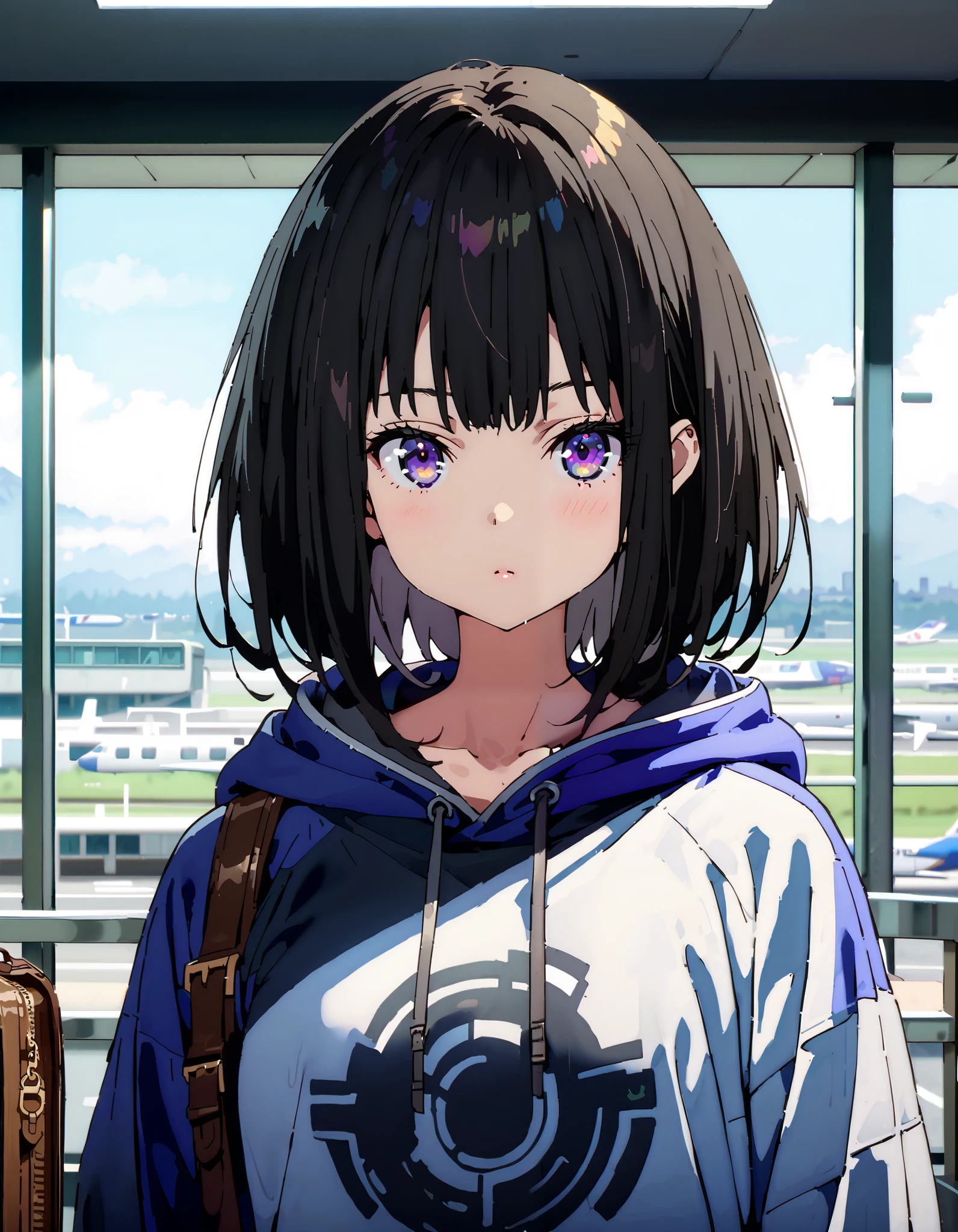  score_9,  score_8_ up the side,  score_7_ up the side,  source_Anime,
Takiuchikami,  check it out, long short hair , bob cut, bangs,   black hair,   purple eyes,Medium breast,Blue oversized hoodie , white long skirt, Bbo~, suitcases, standing,whole bodyがイラストに入る入るように,
break indoors,airport,lobby,
break looking at viewer,whole body,
break ( Masterpiece:1.2), top quality , kampala, Unity 8k Wallpaper,(shape:0.8),(  fine, beautiful eyes  :1.6),It's a person ,whole body写真,CG Details , ( perfect hands, Complete Anatomy),
