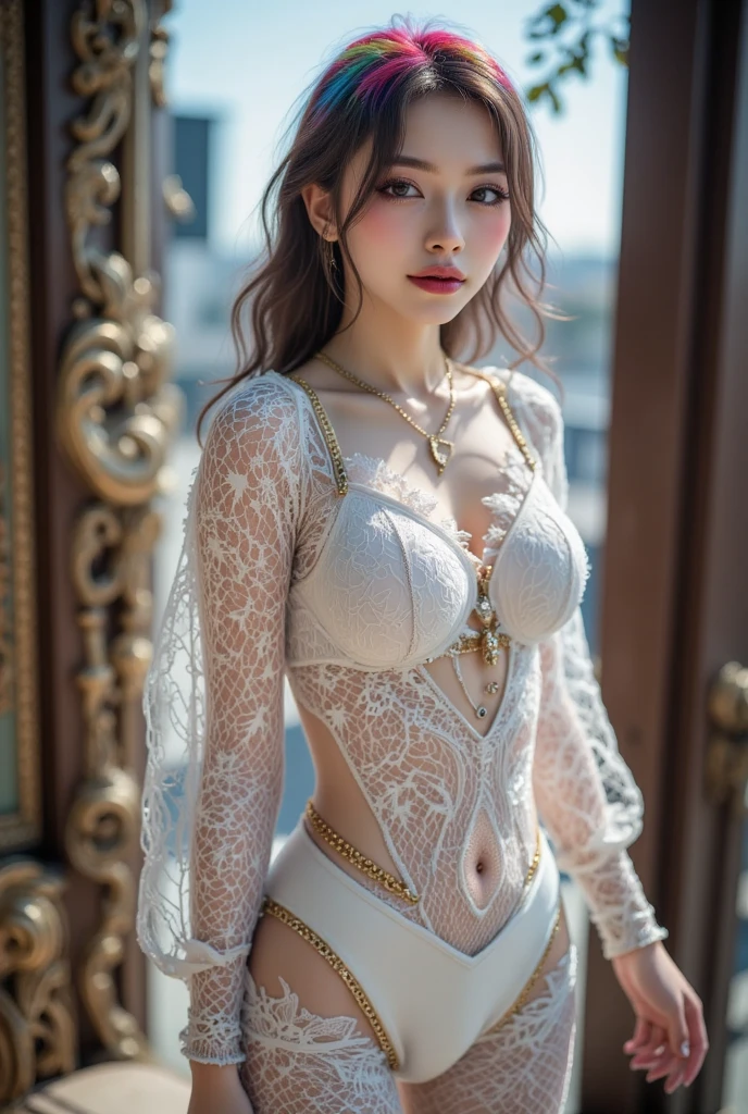 Tabletop, (Highest quality:1.4), Realistic, Very detailed CG 統合 8k 壁紙, Very detailed, High-resolution RAW color photos, Professional photography, Realistic portrait, Cinematic Light, Beautiful details, One Girl, Beautiful big boobs, Chest Details, Exposed breasts, (Cleavage:1.2), (Beautiful Face:1.2), Close-up of a girl in beautiful clothes with a wide open front, Bare shoulders, (A beautiful, transparent dress with a large open chest:1.4), Open your chest wide, Take off your clothes、No bra, No pants, (Camel toe details), Outdoor, Very intricate and detailed, float, , A sense of truth, Beautiful landscape forest, beautiful huge castle,