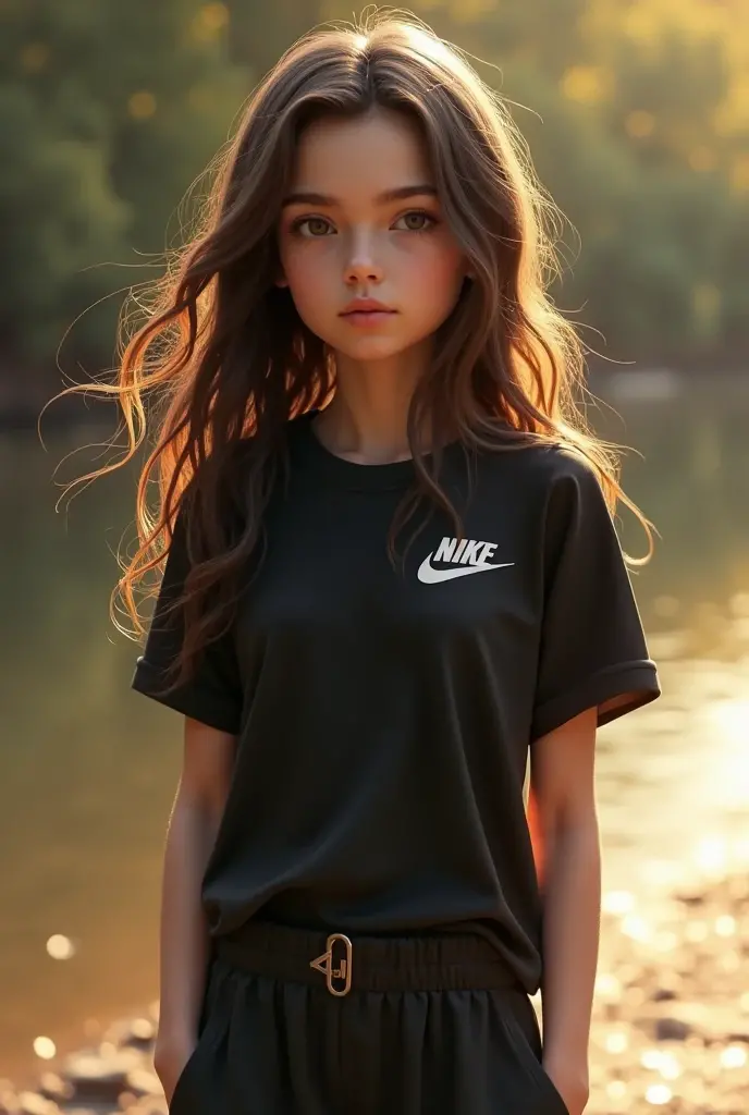 Brunette teenager with wavy hair, black nike shirt, light black pants barefoot