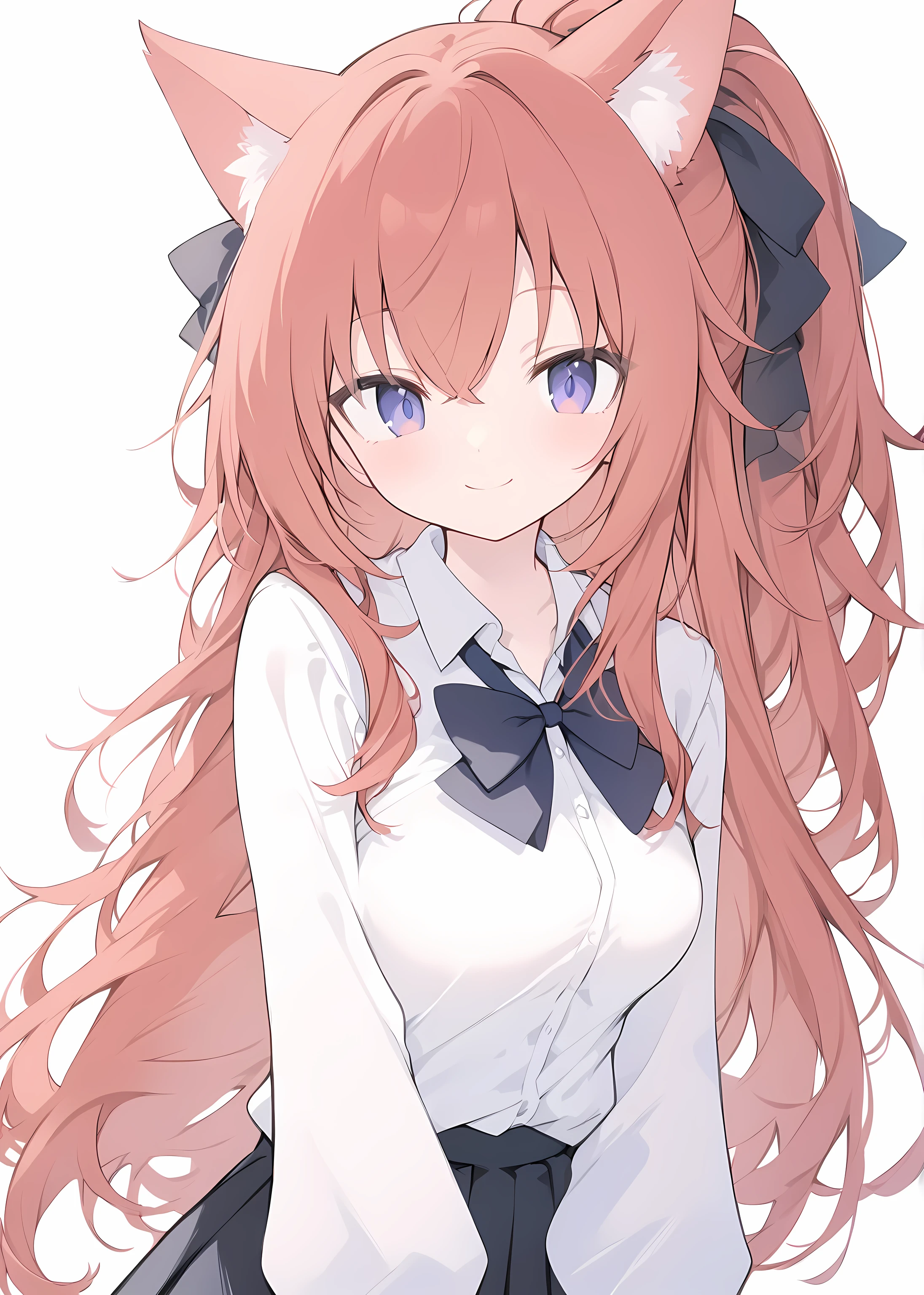 solo, one girl, 18 years old, slender,, cool, medium breasts, cat ears, student uniform, reddish hair, long hair, looking at viewer, cute, smile, white shirt, bow tie, (negativeXL_D, PonyScores)
