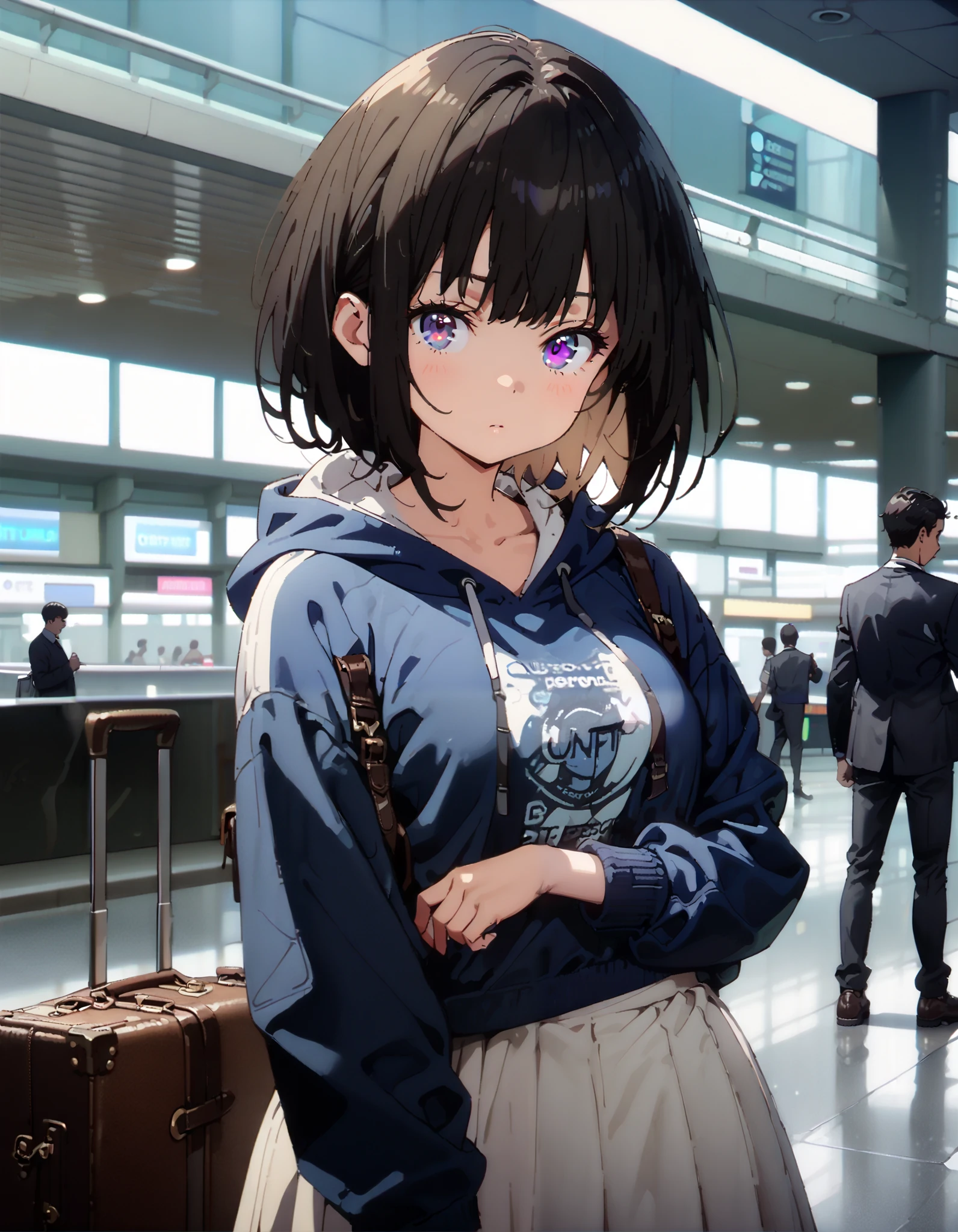 Takiuchikami, check it out, long short hair , bob cut, bangs, black hair, purple eyes,Medium breast,Blue oversized hoodie , white long skirt, Bbo~, suitcases, standing,whole bodyがイラストに入る入るように,
break indoors,airport,lobby,
break looking at viewer,whole body,
break ( Masterpiece:1.2), top quality , kampala, Unity 8k Wallpaper,(shape:0.8),( fine, beautiful eyes :1.6),It's a person ,whole body写真,CG Details , ( perfect hands, Complete Anatomy),