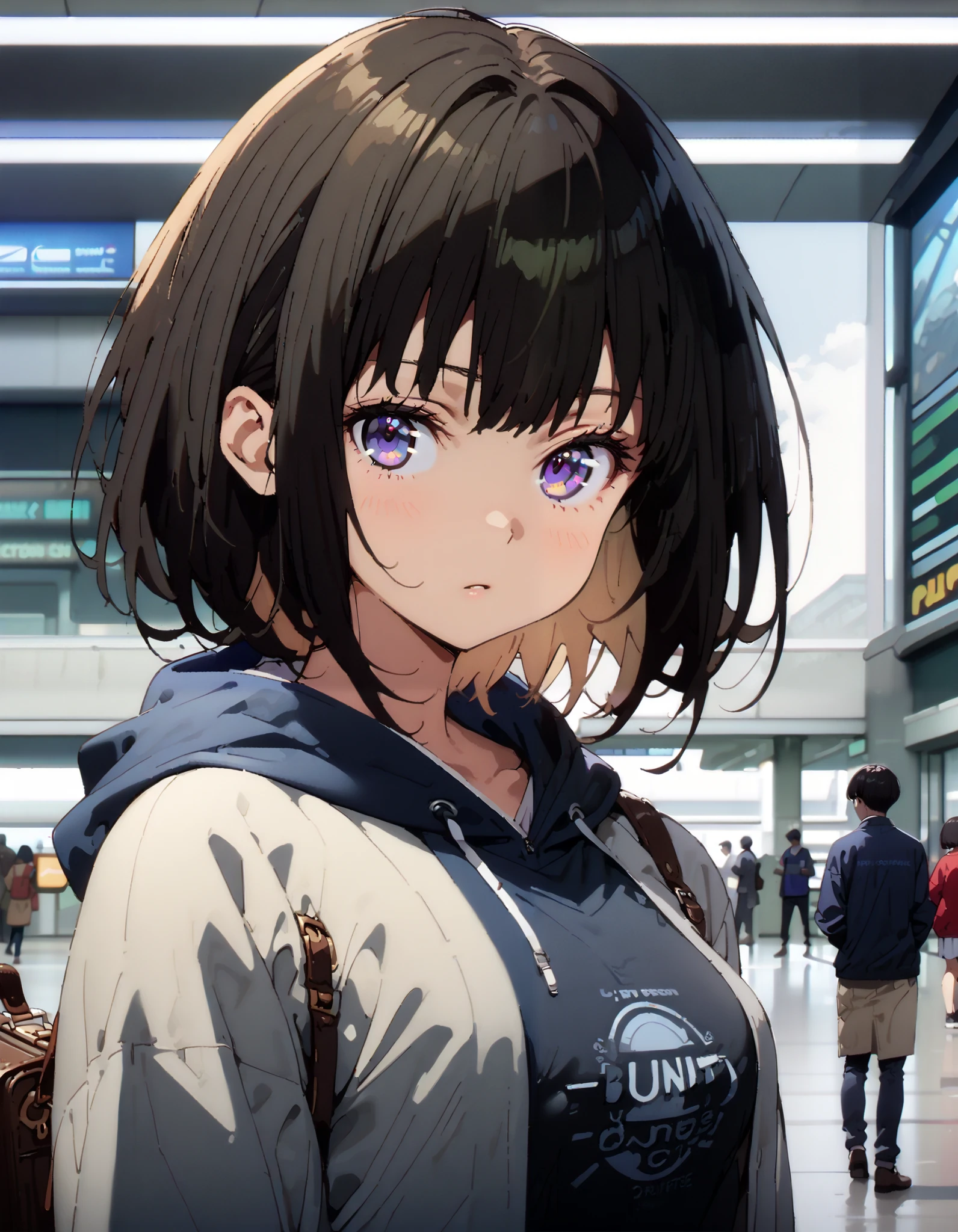 Takiuchikami, check it out, long short hair , bob cut, bangs, black hair, purple eyes,Medium breast,Blue oversized hoodie , white long skirt, Bbo~, suitcases, standing,whole bodyがイラストに入る入るように,
break indoors,airport,lobby,
break looking at viewer,whole body,
break ( Masterpiece:1.2), top quality , kampala, Unity 8k Wallpaper,(shape:0.8),( fine, beautiful eyes :1.6),It's a person ,whole body写真,CG Details , ( perfect hands, Complete Anatomy),
