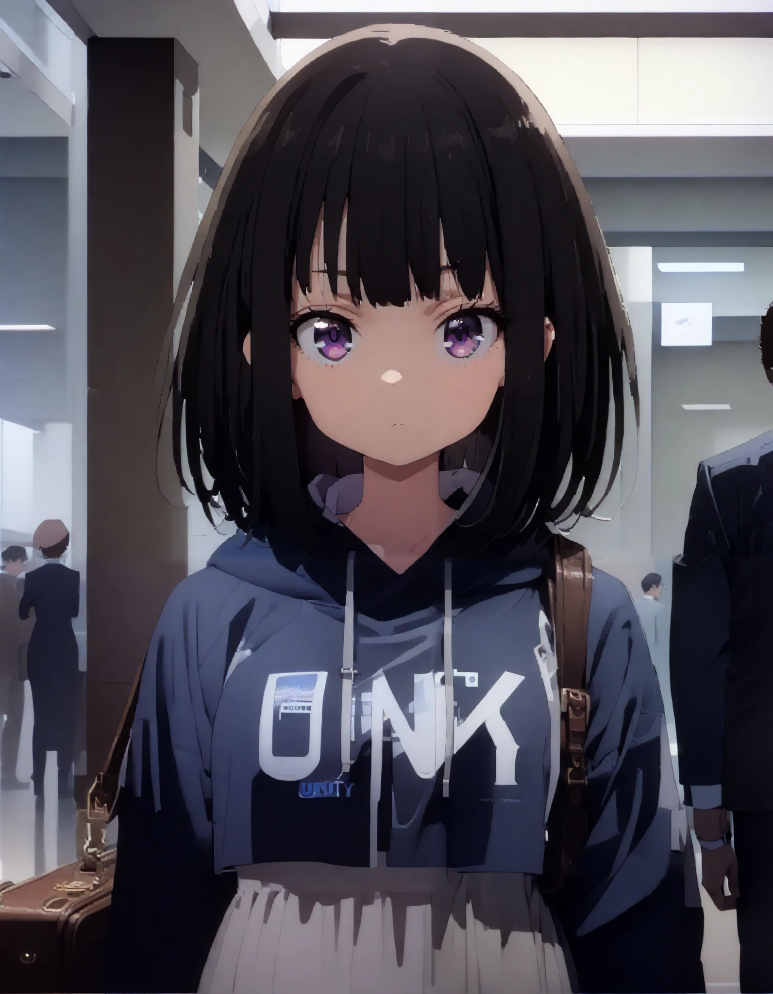 Takiuchikami, check it out, long short hair , bob cut, bangs, black hair, purple eyes,Medium breast,Blue oversized hoodie , white long skirt, suitcases, standing,whole bodyがイラストに入る入るように,
break indoors,airport,lobby,
break looking at viewer,whole body,
break ( Masterpiece:1.2), top quality , kampala, Unity 8k Wallpaper,(shape:0.8),( fine, beautiful eyes :1.6),It's a person ,whole body写真,CG Details , ( perfect hands, Complete Anatomy),