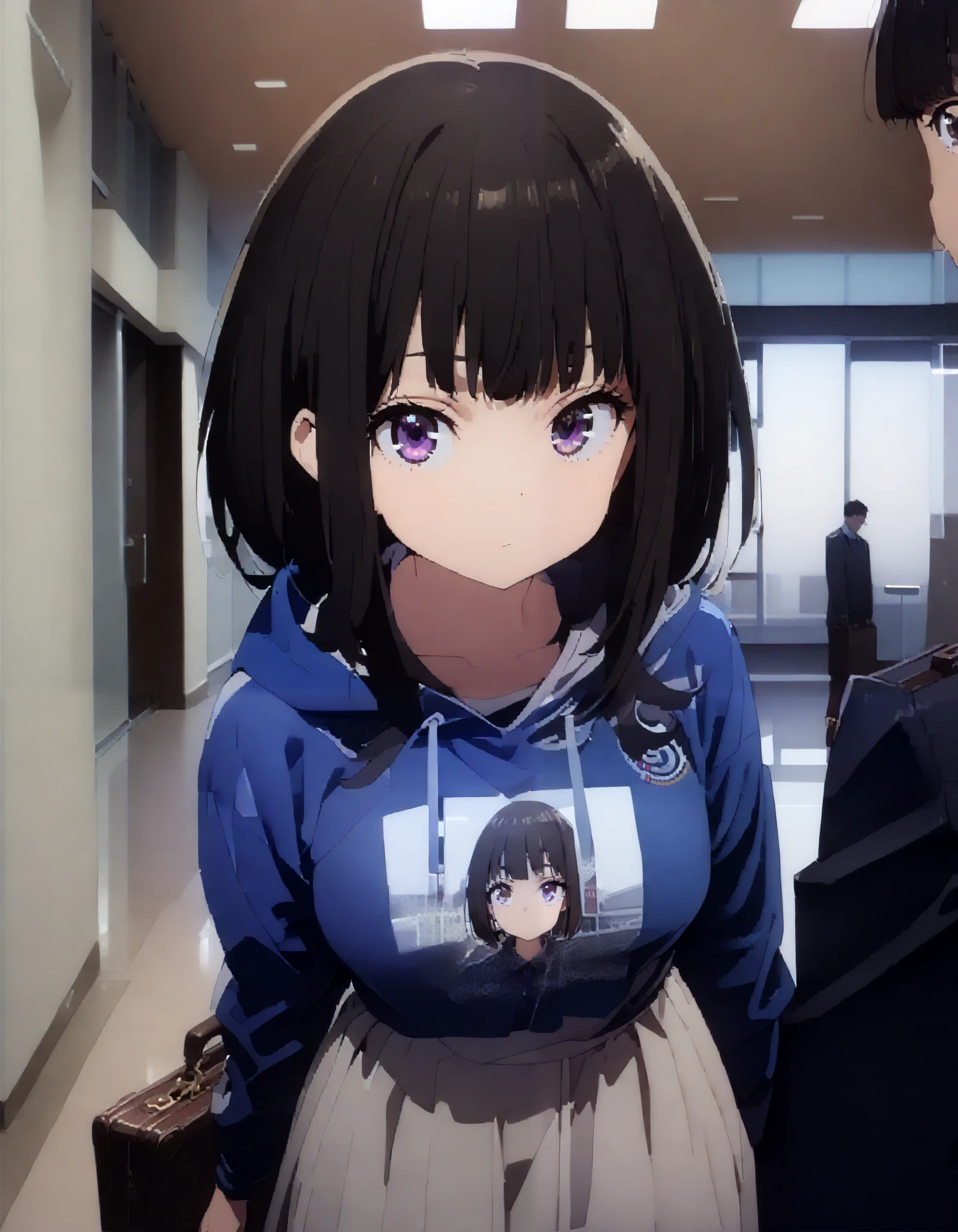 Takiuchikami,  check it out, long short hair , bob cut, bangs,   black hair,   purple eyes,Medium breast,Blue oversized hoodie , white long skirt, suitcases, standing,whole bodyがイラストに入る入るように,
break indoors,airport,lobby,
break looking at viewer,whole body,
break ( Masterpiece:1.2), top quality , kampala, Unity 8k Wallpaper,(shape:0.8),(  fine, beautiful eyes  :1.6),It's a person ,whole body写真,CG Details , ( perfect hands, Complete Anatomy),