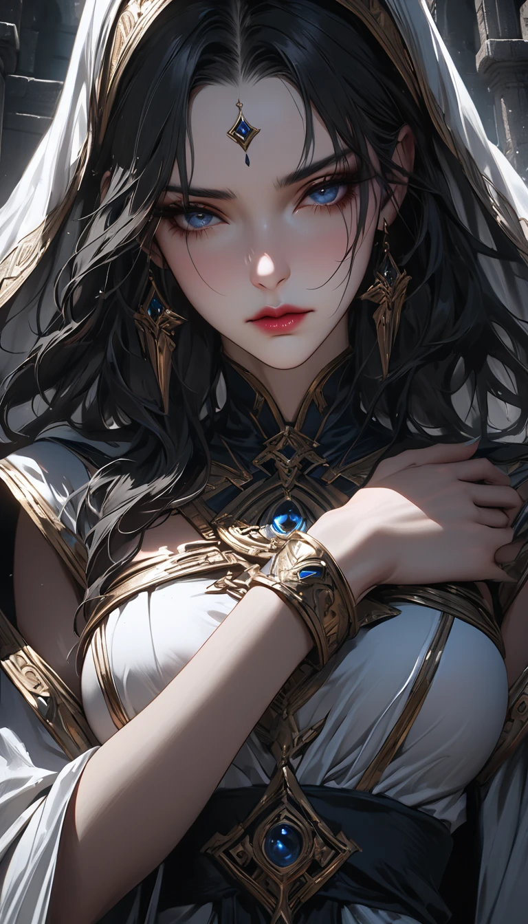 (masuter piece,Best Quality,Ultra-detailed), (A detailed face),nobles, Stunning realistic pictures of Greek characters, hight resolution, 1girl in, (front-facing view), (masuter piece,Best Quality,Ultra-detailed),(absurderes),(Fractal Art:1.3),1womanl, A dark-haired, Woman with black hair,Black and gold aristocratic dress，Titanium decorative headdress，sanctuary, ,Dagger decoration, flat-chest, (Beautiful Detail Eye: 1.1), (Detailed hand), (Detail light: 1.1), Film Light, Pale skin type, (looking at the viewers), (magazine:1.3), (cover-style:1.3), Textured skin, Super Detail, Tarot Boundary, border, Alfonse Mucha, Dynamic streaks, locus:1.2, golden colored, Beautiful and bright color scheme, portraitures, Look at viewers, 独奏, (full body Esbian:0.6), A detailed face, (Ancient Mesopotamian theme), Sumerian, Mesopotamian mythology, Uruk, ziggurat, Demigod,Floral hair ornament, (A thriving civilization), Ancient palaces, stele, particles floating, Fibonacci,Accomplishment,lady