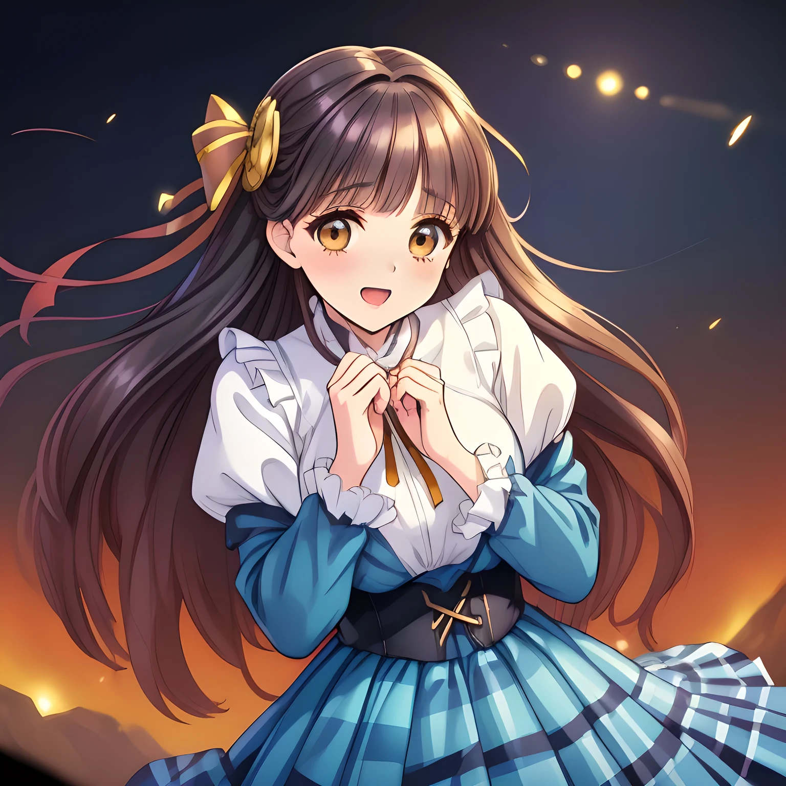 (highest quality, masterpiece:1.2), highest quality, High resolution, 1080p, 8K, Height: 160cm, (Noble lady, noble high-quality colorful cover of lady's comic by most popular manga artist, amazingly neat & clean, in peace and neat lovely strong charm: 1.8), (Too cute lady like a love-story comic heroine), (the head is tilted cutely), (laugh in bliss), (Whispering the viewer's subliminal desire secretly to hypnotize the viewer), A very lovely, very noble, pretty and pure beautiful girls. ((Bursting out Laughing very elegantly)), Using expensive whitening cosmetics by cosmetics artist: 1.2), A face that everyone loves, Glossy lips, Even bangs, (Too beautiful blue fascinating shiny (brown eyes) with love to the viewer, with detailed clearly (like girlish comics beautiful lovely heroine): 1.5), ((Black long Hair)), ((long amazingly beautiful straight wavy long hair: 1.5)), (Neat sailor uniform, neat expensive (white silk frilled blouse), (A long, very neat, dark (navy blue) (tartan-checkered pleated blue skirt)), (too pretty shiny light-yellow realistic school ribbon): 1.5), (Extremely lustrous, shiny game heroine lips, laughing open mouth: 0.8), (Ribbon in (black hair), The ribbon is big and very pretty, Beautiful black hair like a hair model), (Tight waist, slender like a beautiful fashion model, all the high-school student ladies admire their style: 1.5), (The background is plain black space to emphasize their fascination: 1.6), (The lady knows well about the viewer's super fetishism for school uniforms, inviting the viewer into uniform dream of succubus, and satisfies it completely with her hands and skirts and (laughter giving extreme pleasure) deeply (in the viewer's clear lewd dream): 1.6), (beautiful expensive gorgeous atmosphere which the viewer can't stop being lustful: 1.5), (Take a shot from the side of them: 1.5) 
