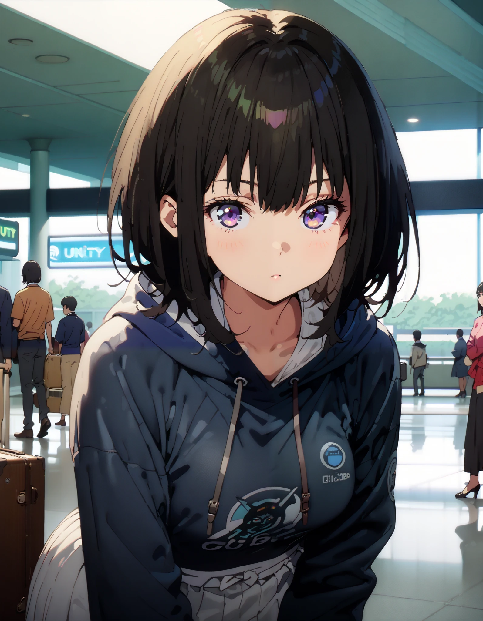 Takiuchikami, check it out, long short hair , bob cut, bangs, black hair, purple eyes,Medium breast,Blue oversized hoodie , white long skirt, Bbo~, suitcases, standing,whole bodyがイラストに入る入るように,
break indoors,airport,lobby,
break looking at viewer,whole body,
break ( Masterpiece:1.2), top quality , kampala, Unity 8k Wallpaper,(shape:0.8),( fine, beautiful eyes :1.6),It's a person ,whole body写真,CG Details , ( perfect hands, Complete Anatomy),