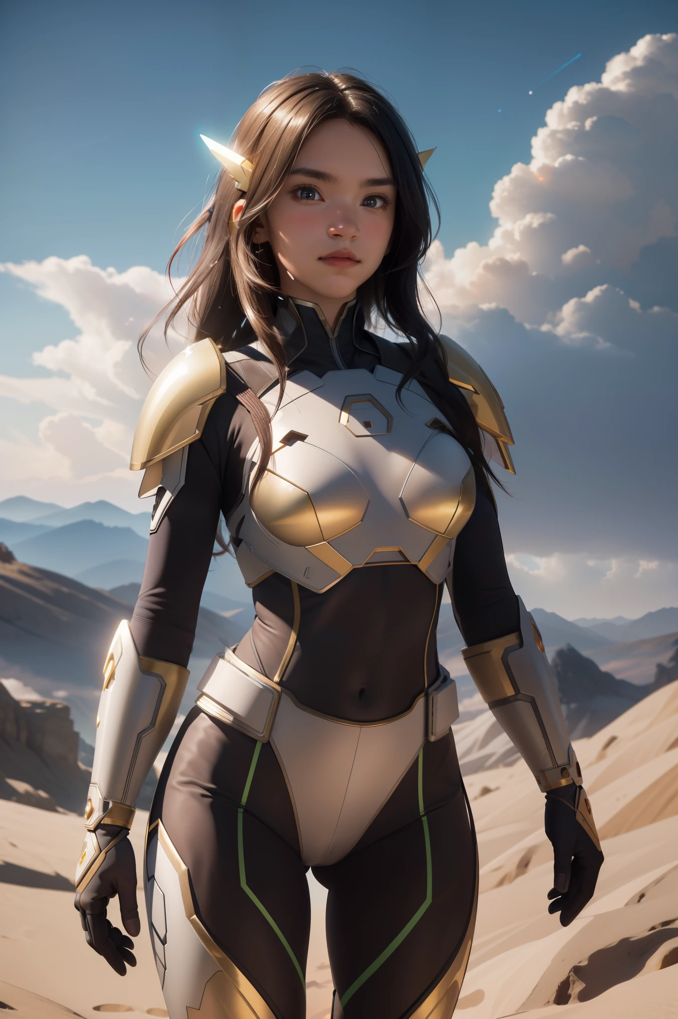 ((masterpiece, best quality, extremely detailed), volumetric lighting, ambient occlusion, colorful, glowing), 1girl, solo, young girl, (dark hair), long hair, halo, aura, sacred, goddess, cleric suit, (white outfit with gold detailst:1.3), armor, outdoors, sunset, sky, clouds, space, (fantasy theme:1.2),ม 1girl, full body, Illustration, cinematic light, high resolution, best quality, ultra-detailed, masterpiece, power suit, powerranger, suit, spd,