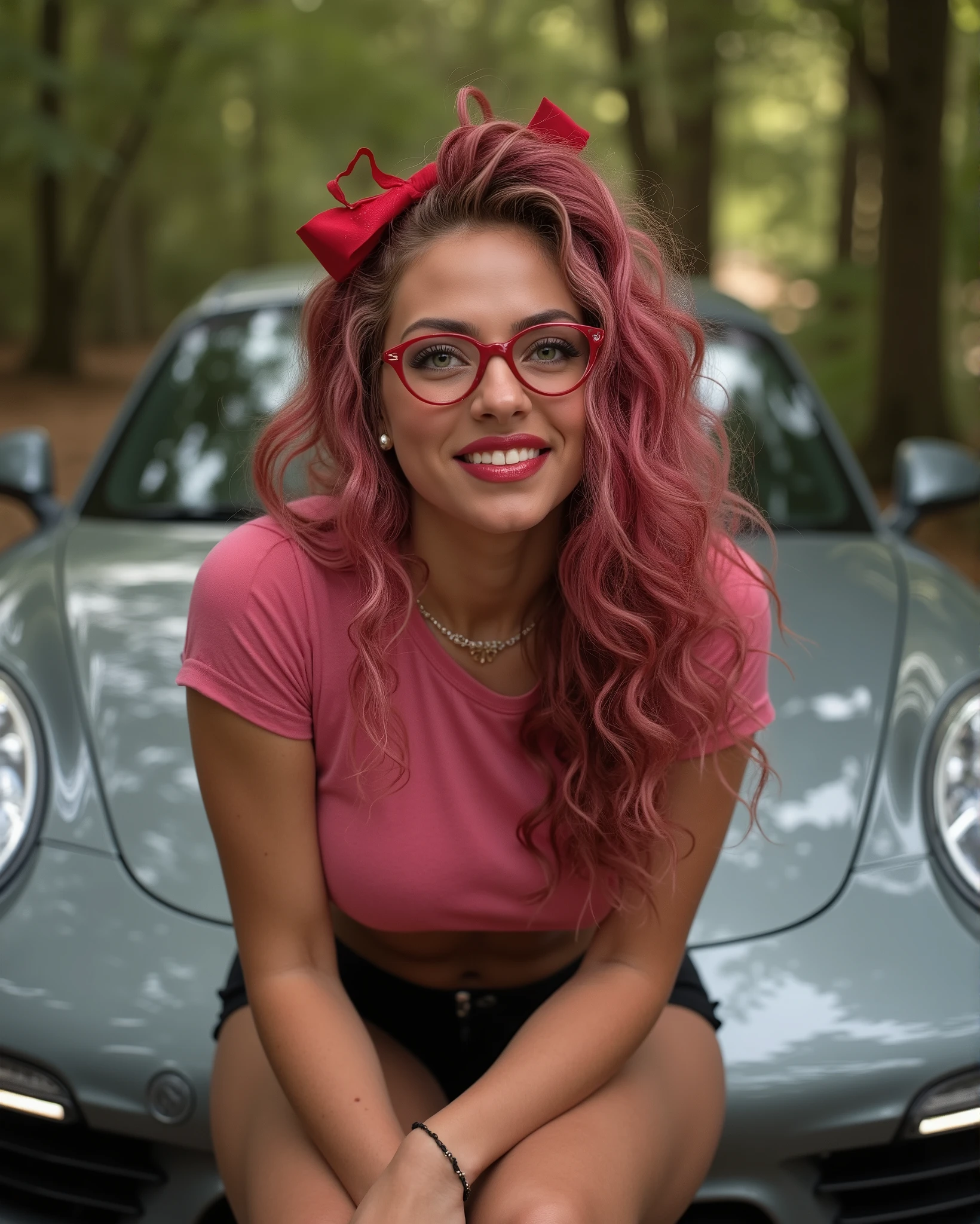 (non nude, sexy), ultrahigh resolution, great quality, 8k, photo and raw, best quality, masterpiece, hyperrealistic, incredible, photorealistic, extremely detailed, sharp focus, real person, very attractive and beautiful, (Stacy Sanches), (Stacy Sanches's facial features), (Stacy Sanches's face), (Stacy Sanches's body), (long and very curly pink hair), (green color eyes, iris and pupil perfectly defined), Detailed face, twenty three years old, model body, sexy body, (Stacy Sanches lying on the hood of a grey Porsche 911, wearing a pink t-shirt, black shorts and leopard print high heels, she has a red bow in her hair and is wearing red heart-shaped glasses, her hair is tied up in a bun, the background is a wooded area, heavy makeup, passionate red lips, smiling, very happy, smiling flirtatiously, sensual and desirous expression, full body photo, full body, Stacy Sanches, captivating and tempting, Realistic, sensual look, sexy, Instagram model, sensual, sensual posing, natural pose, happy and sexy expression, goddess, perfect physical proportions), perfect mouth, perfect legs ,sinuous look, sexy look, stitching, (detailed skin), cinematic lighting, perfect detailed and pretty eyes, (Highly detailed body, perfect body measurements), detailed and tempting lips, (Body measurements 34C-24-36), (height 175 centimeters, weight 59 kilos), marking body clothes, marked breasts, rosy cheeks, juicy and sexy lips, perfect lips, wild and sexy hair, Full body view, Highly detailed CG unit 8k wallpaper, shot style, complex, High detail, Dramatic, Highest Quality Movie Still Image, Realistic Ultra Detailed Rendering Style, Natural Light, Crisp Character, Canon EOS R5, ((intricate details)), natural photography, natural light, (extremely realistic and natural pose), posing naturally, professional photo shoot