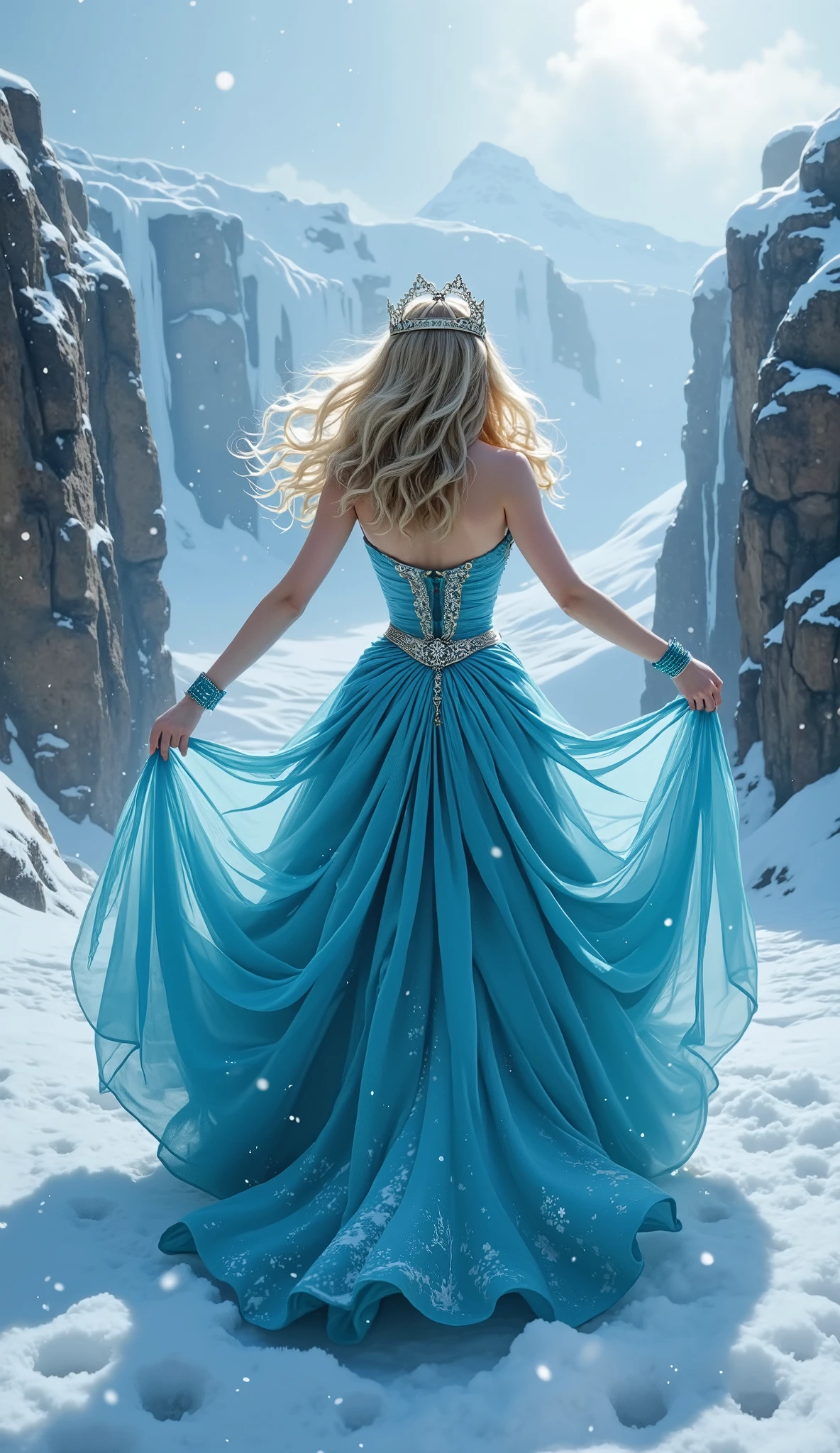 She, blonde with green eyes and big round booty and big breasts 3 sizes, в платье ice queen. Scene: Ice bridge over the precipice , snowstorm in the distance . Outside: She стоит в центре, arms outstretched , The dress flutters in the wind . camera: Wide view behind , emphasis on the anti-storm silhouette. details: snow vortices , ice cracks . lighting: Backlight , cold shadows . focus: Fabric dynamics , snow details.